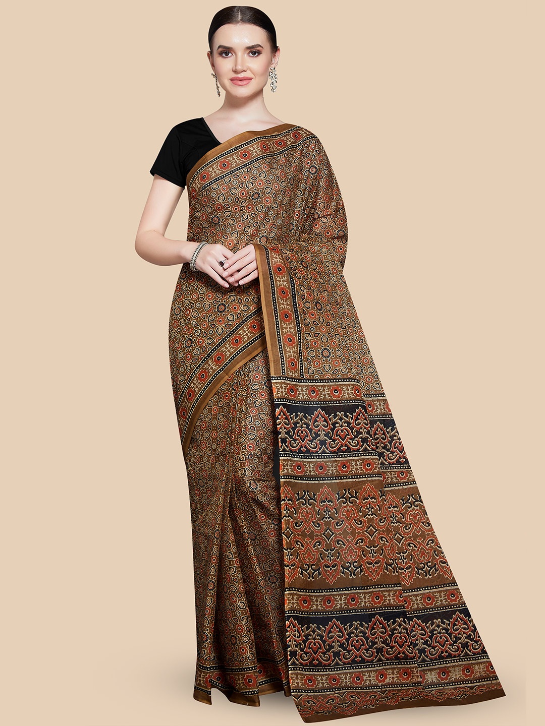 

Rani Saahiba Ethnic Motifs Pure Cotton Block Print Saree, Brown