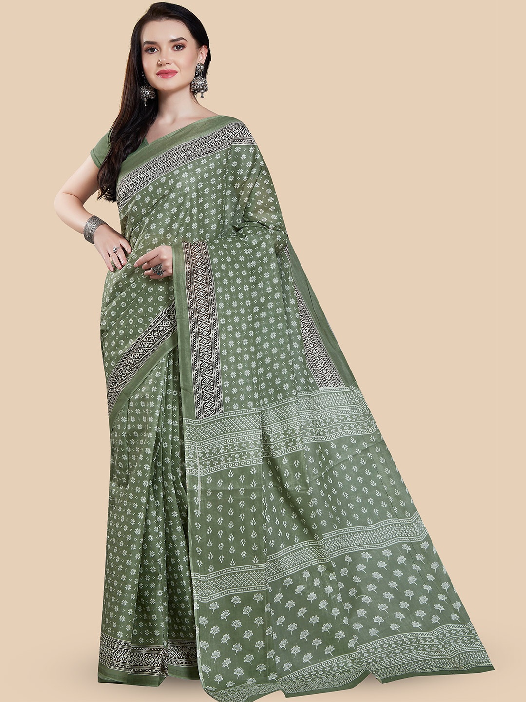 

Rani Saahiba Ethnic Motifs Printed Pure Cotton Saree, Green