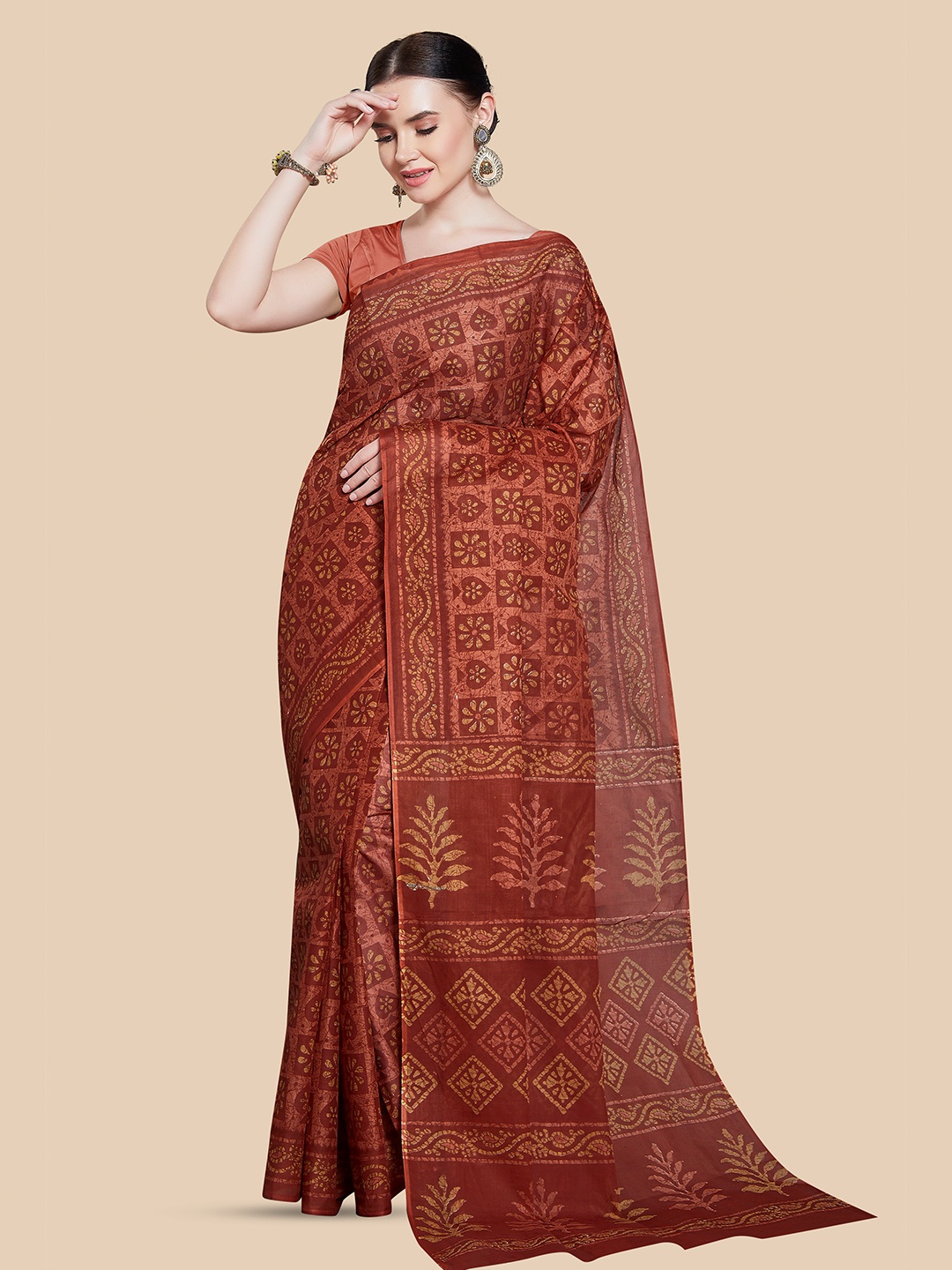 

Rani Saahiba Ethnic Motifs Printed Pure Cotton Block Print Saree, Bronze