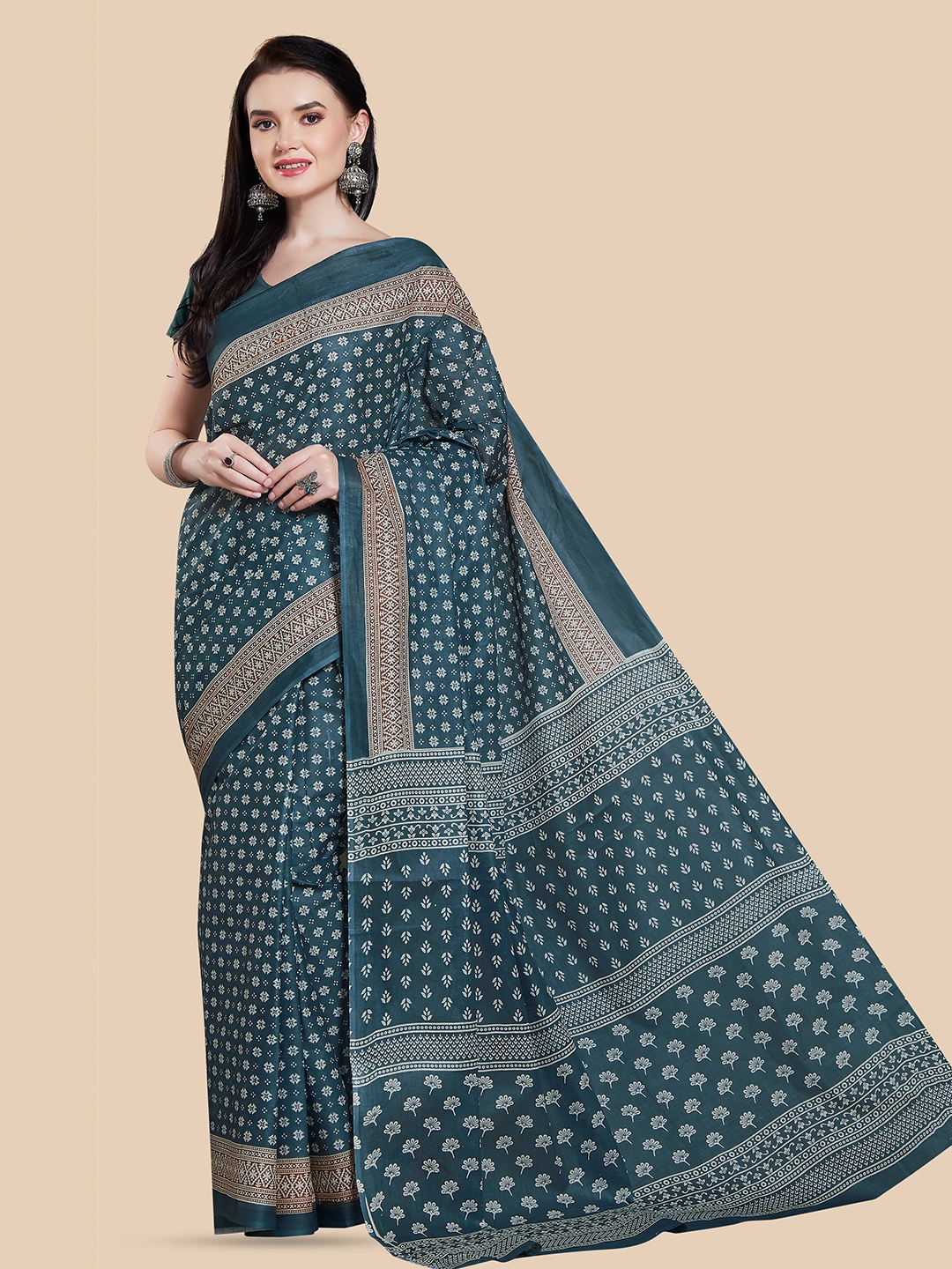 

Rani Saahiba Ethnic Motifs Printed Pure Cotton Saree, Blue