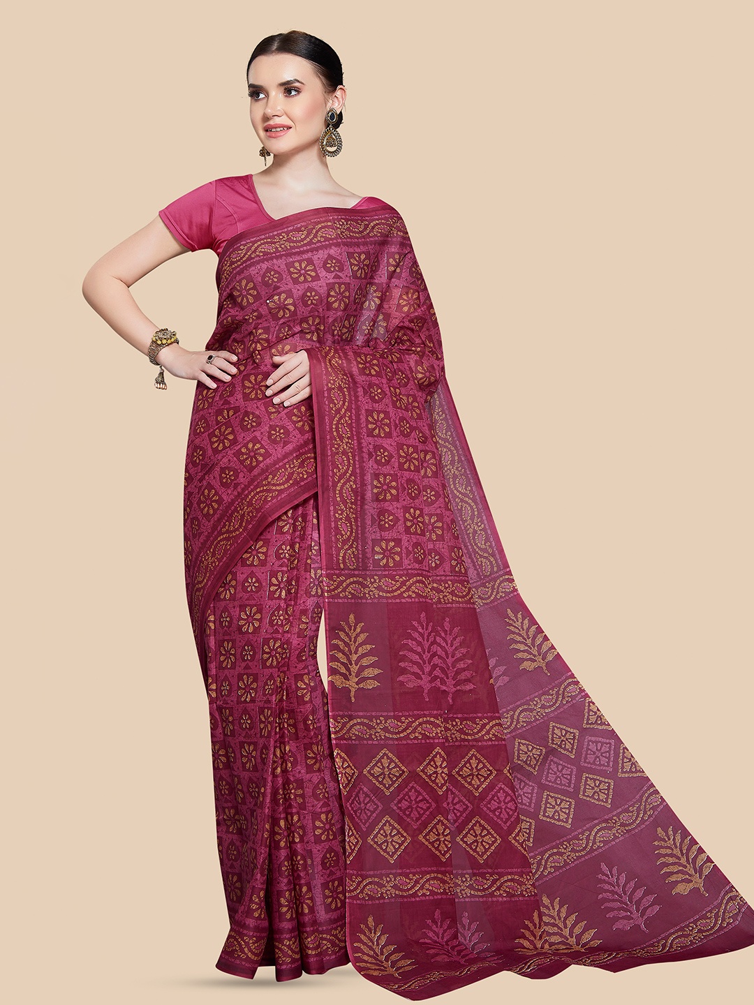 

Rani Saahiba Batik Printed Pure Cotton Block Print Saree, Red