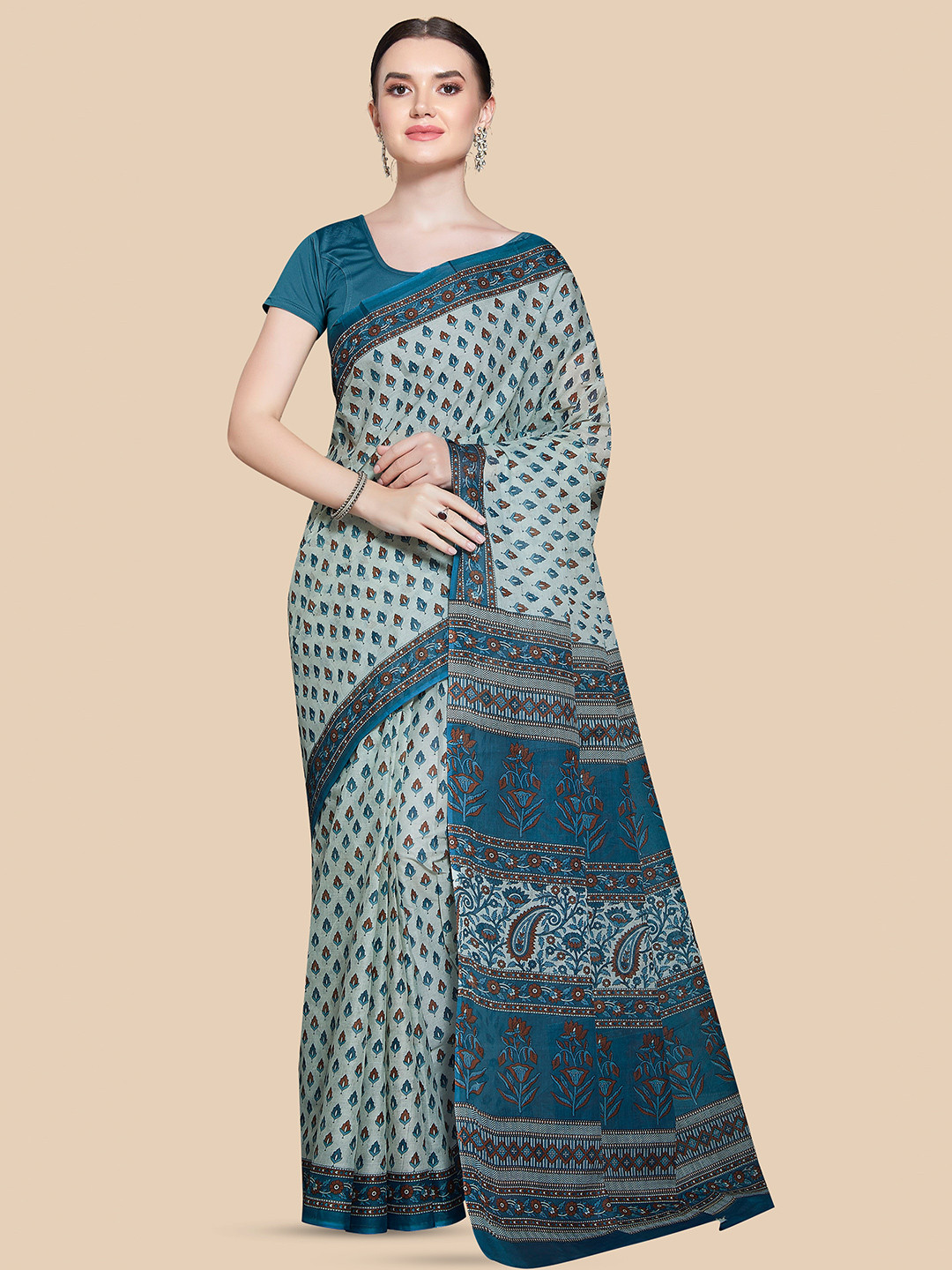 

Rani Saahiba Ethnic Motifs Printed Pure Cotton Saree, Blue