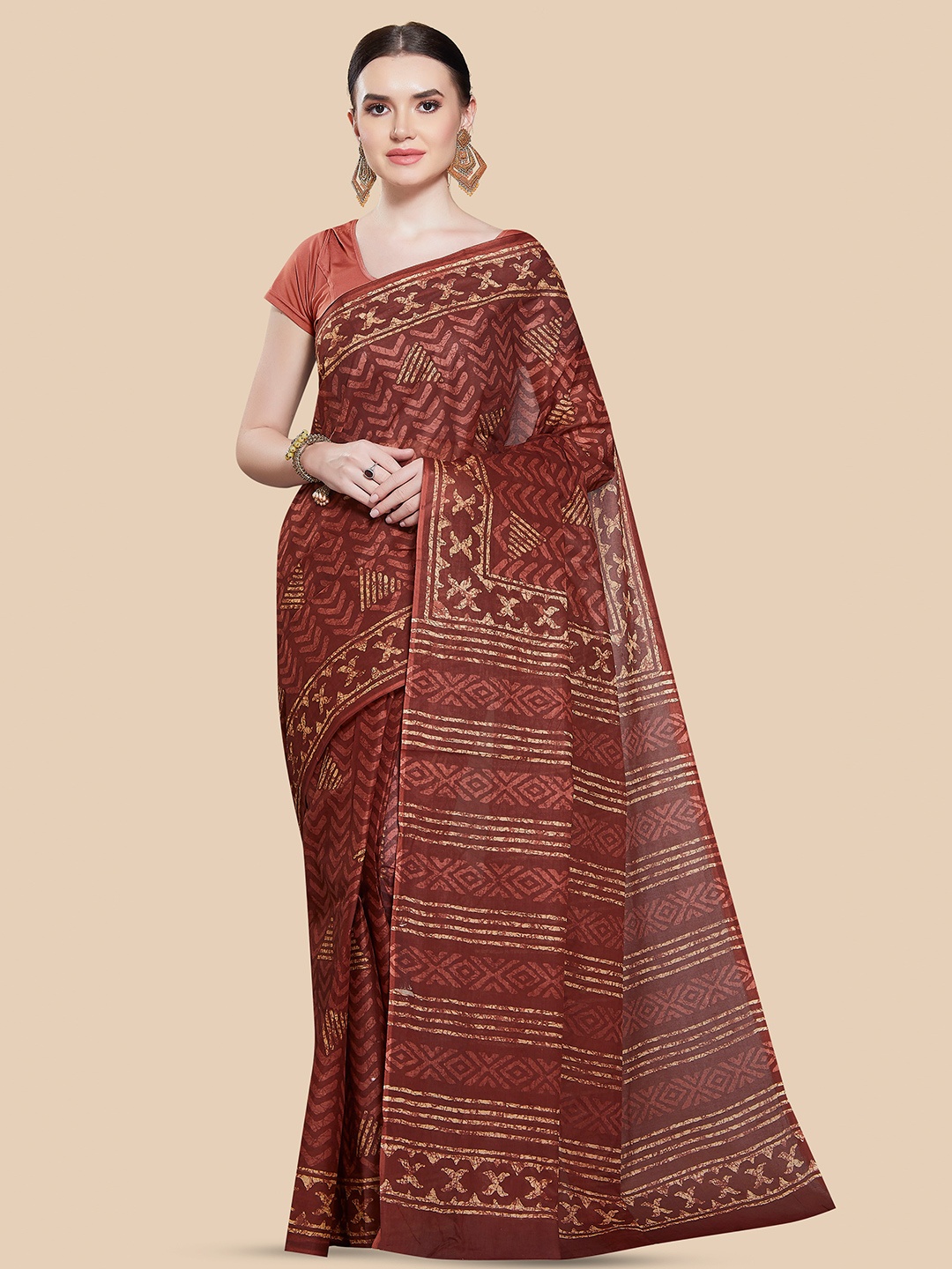

Rani Saahiba Ethnic Motifs Printed Pure Cotton Block Print Saree, Orange