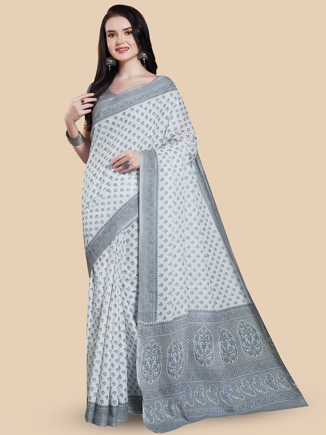 

Rani Saahiba Floral Printed Pure Cotton Saree, White