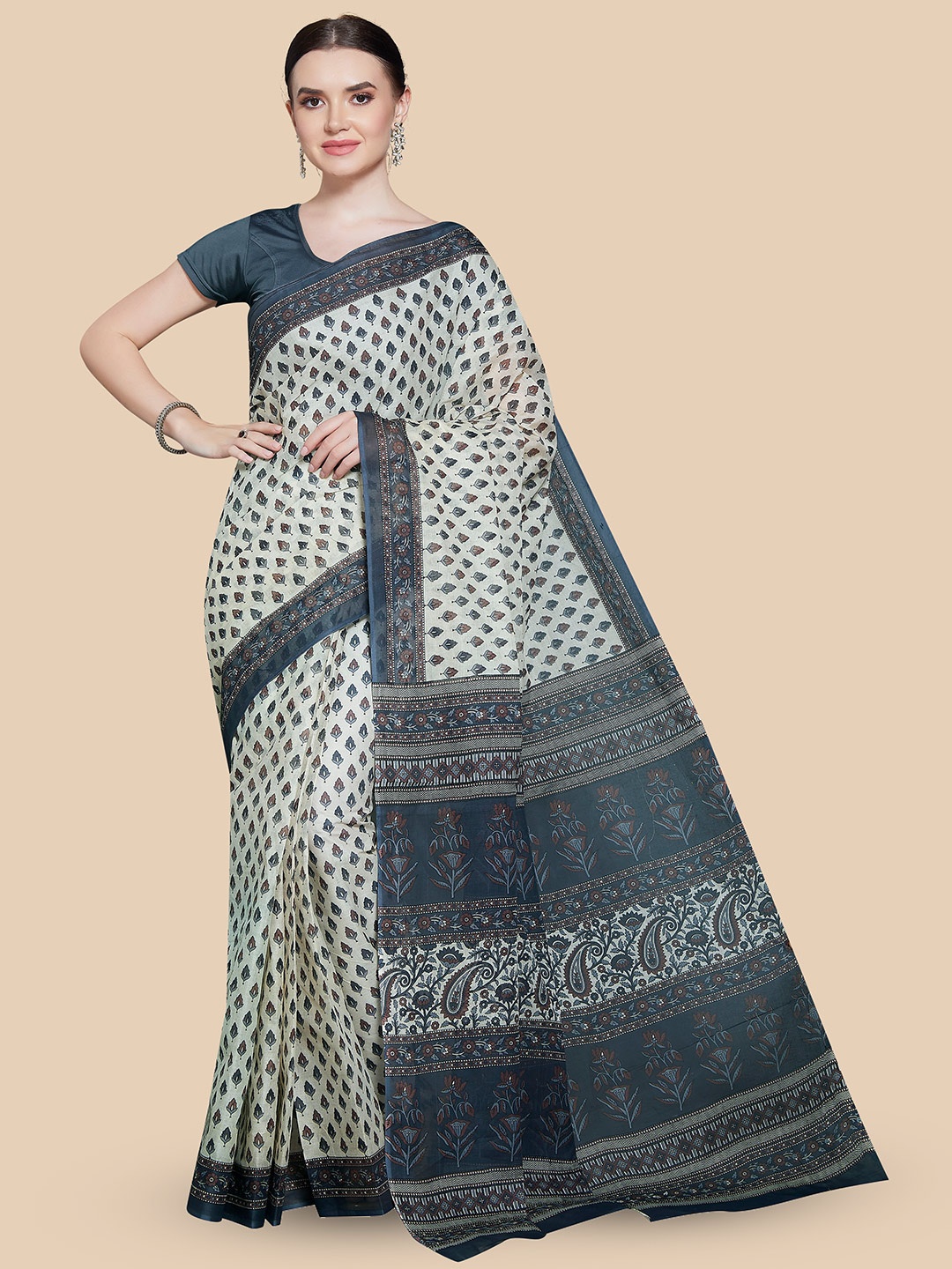 

Rani Saahiba Floral Printed Pure Cotton Bagru Saree, Beige