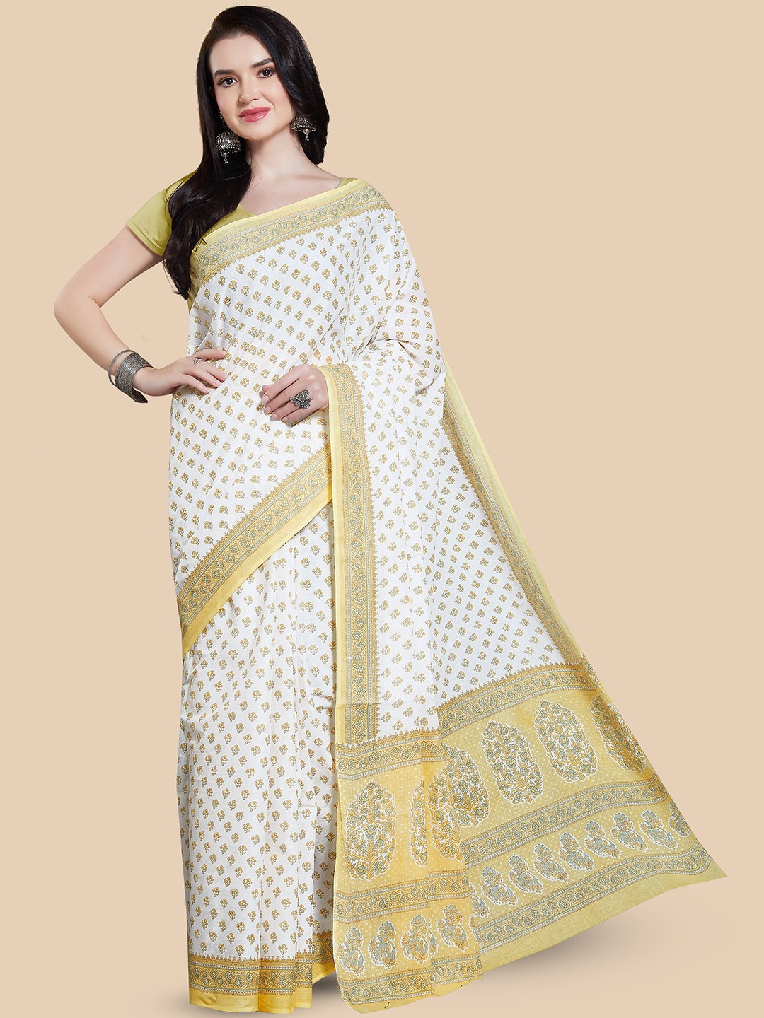 

Rani Saahiba Ethnic Motifs Printed Pure Cotton Block Print Saree, White