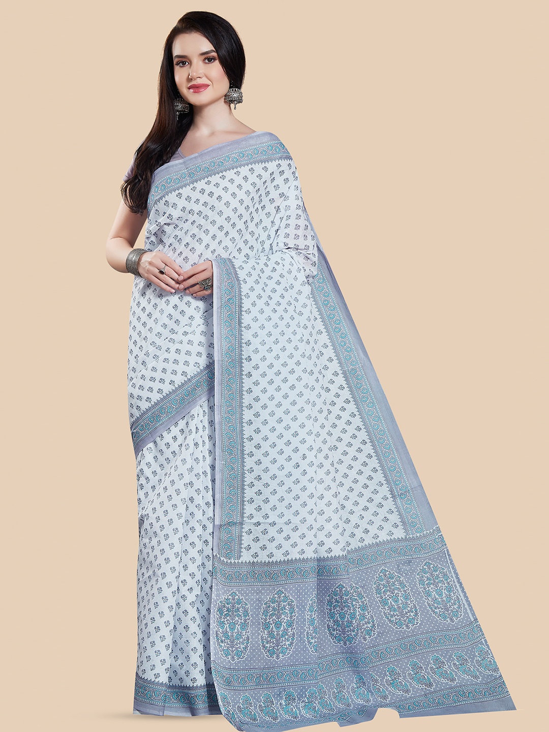 

Rani Saahiba Ethnic Motifs Printed Pure Cotton Block Print Saree, White