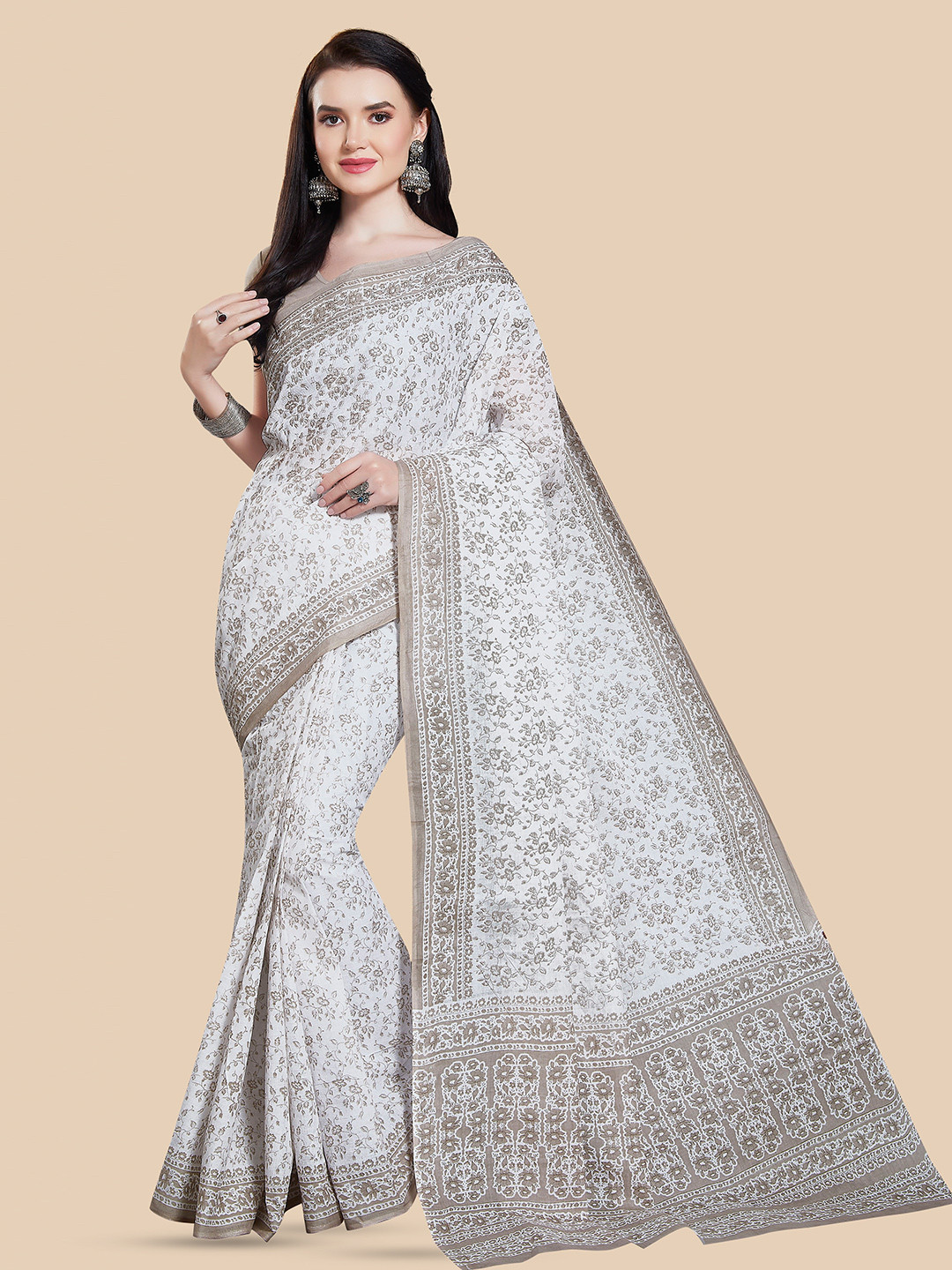 

Rani Saahiba Floral Printed Pure Cotton Block Print Saree, White