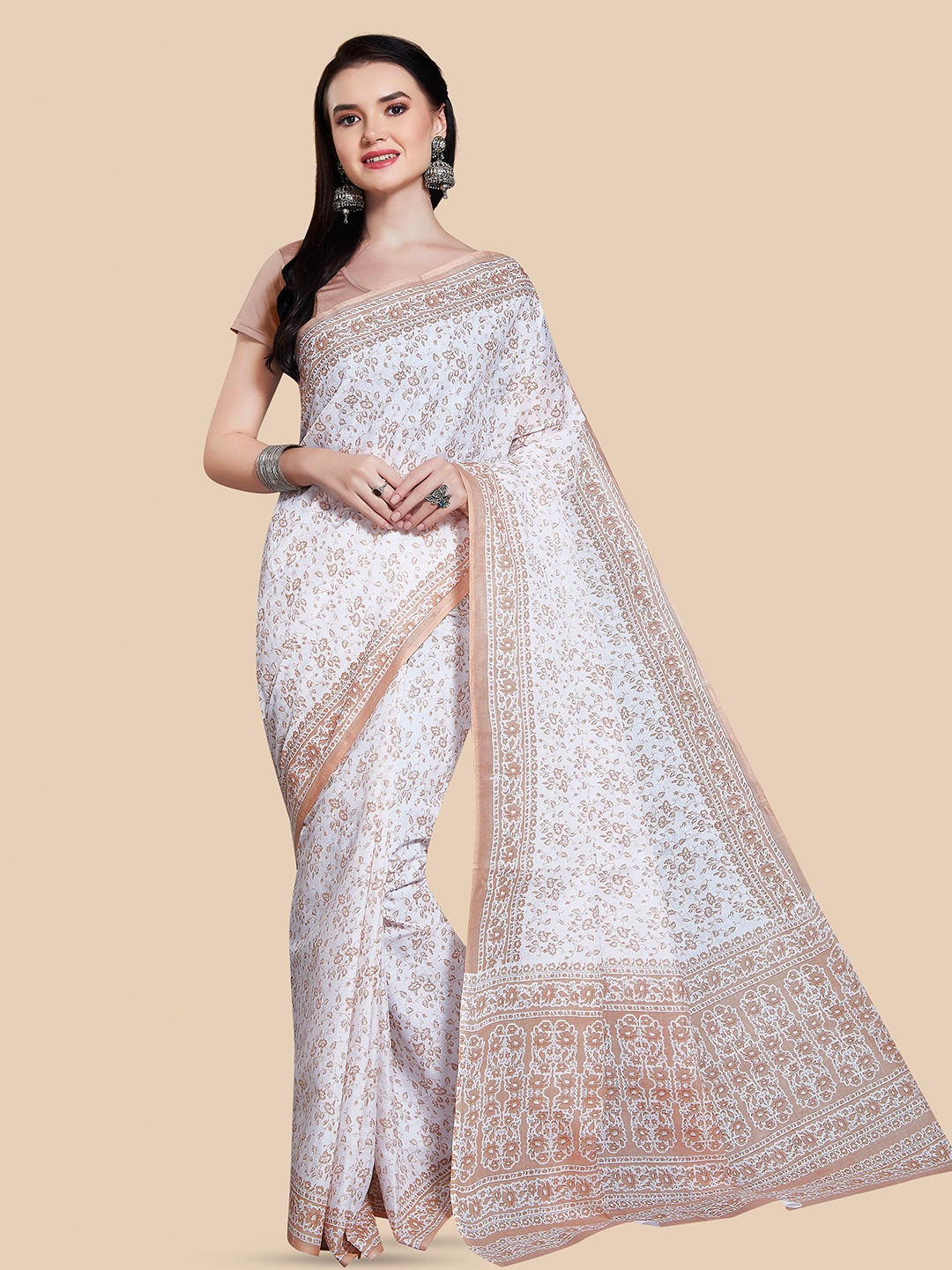 

Rani Saahiba Floral Printed Pure Cotton Saree, White