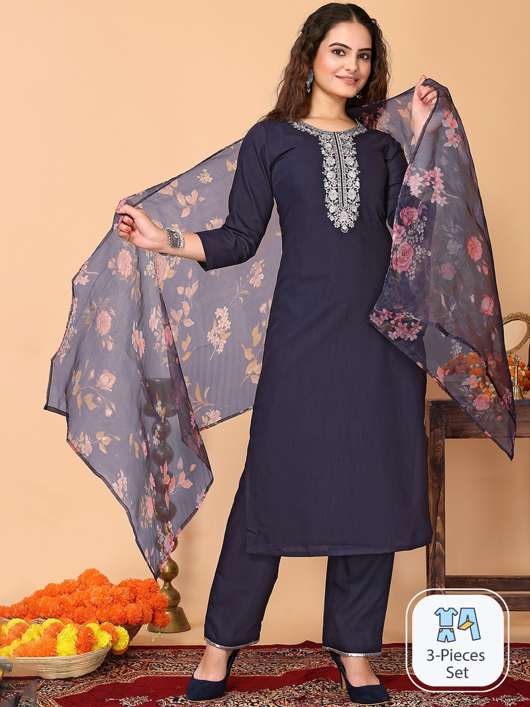

HERE&NOW Ethnic Motifs Embroidered Kurta With Trousers & Dupatta, Navy blue