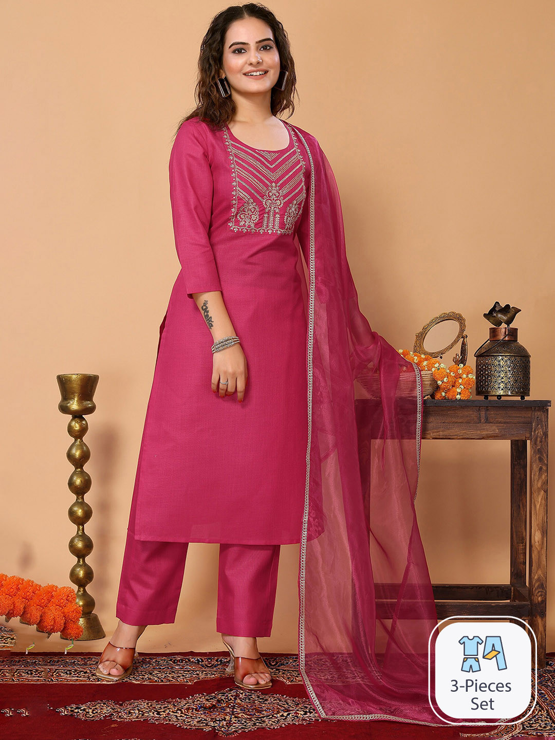 

HERE&NOW Yoke Embroidered Regular Kurta with Trousers & Dupatta, Pink