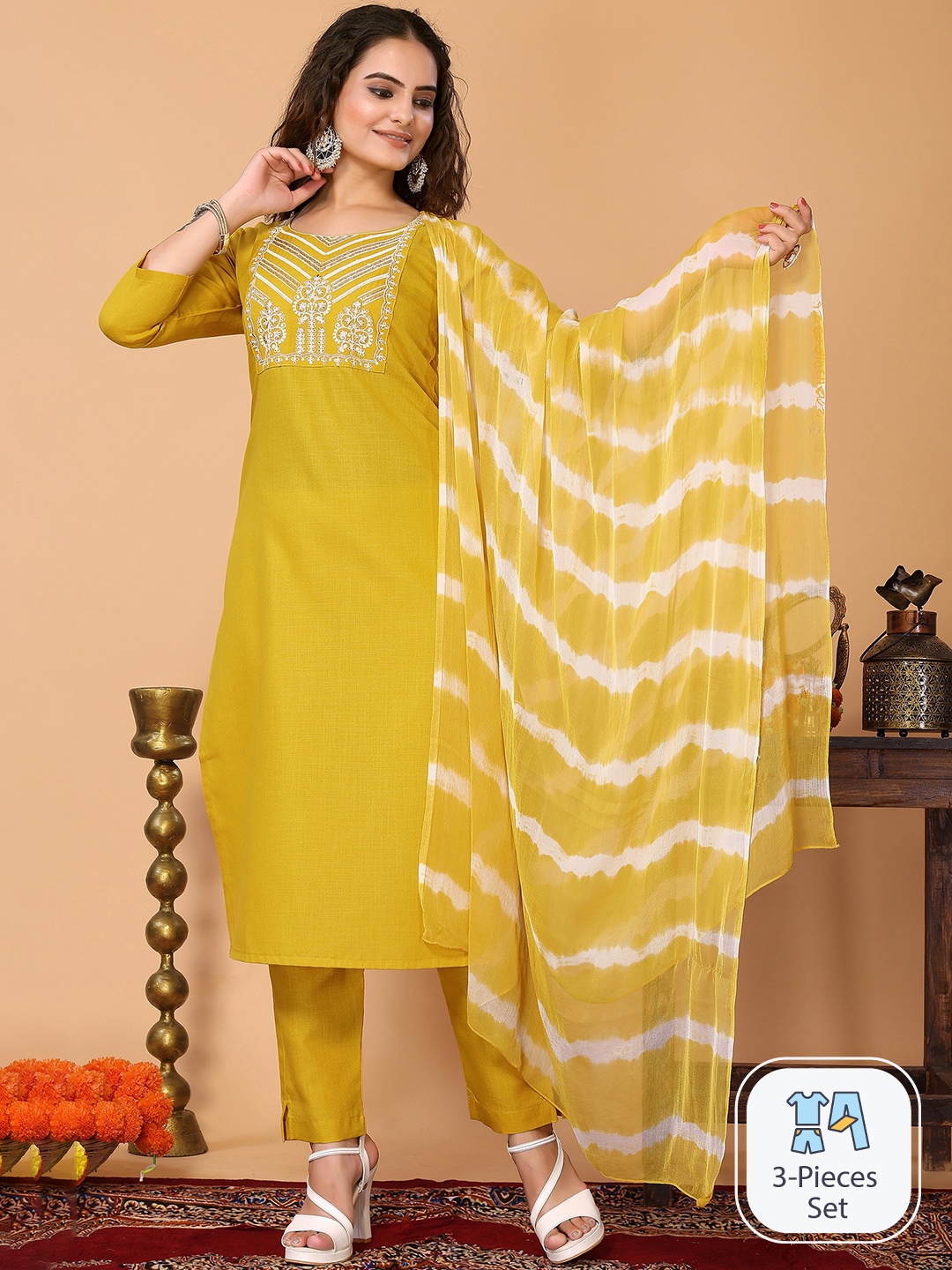 HERE&NOW Ethnic Motifs Embroidered Kurta With Trousers & Dupatta, Yellow