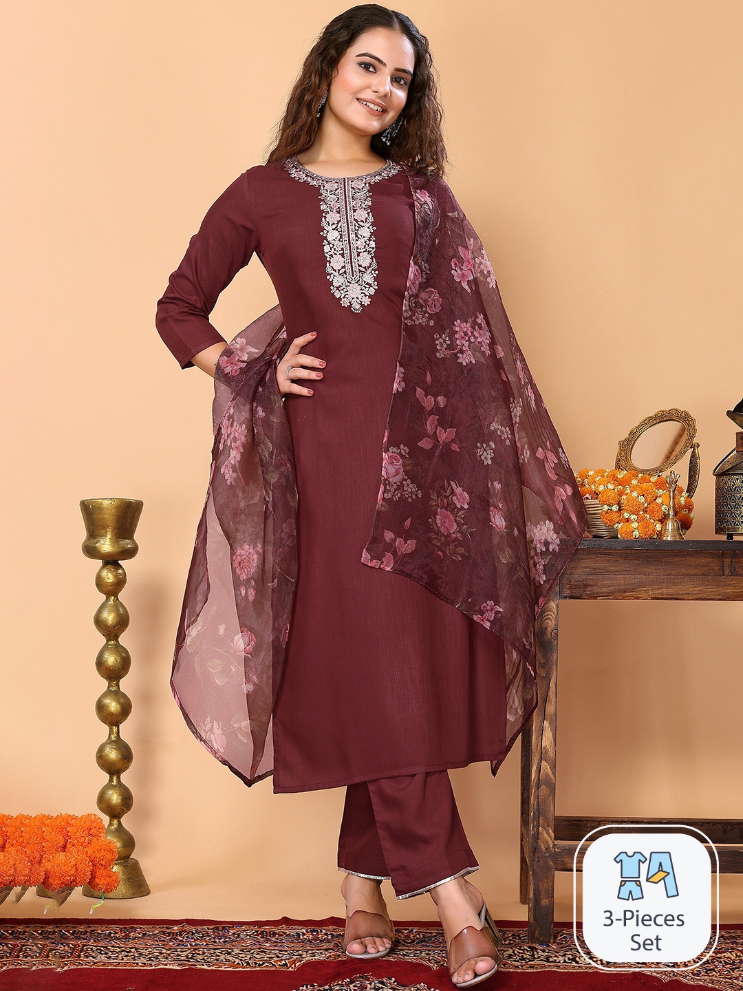 

HERE&NOW Embroidered Regular Kurta with Trousers & With Dupatta, Maroon