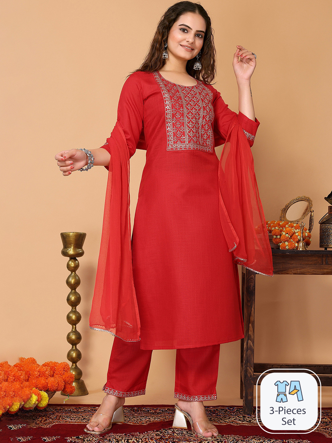 

HERE&NOW Red Ethnic Motifs Yoke Design Thread Work Kurta with Trousers & With Dupatta