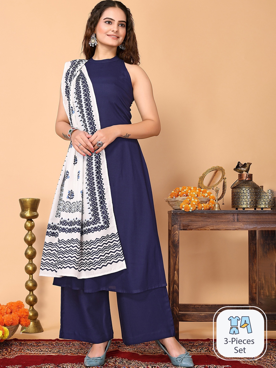 

HERE&NOW A-Line Kurta with Palazzos & Dupatta, Navy blue