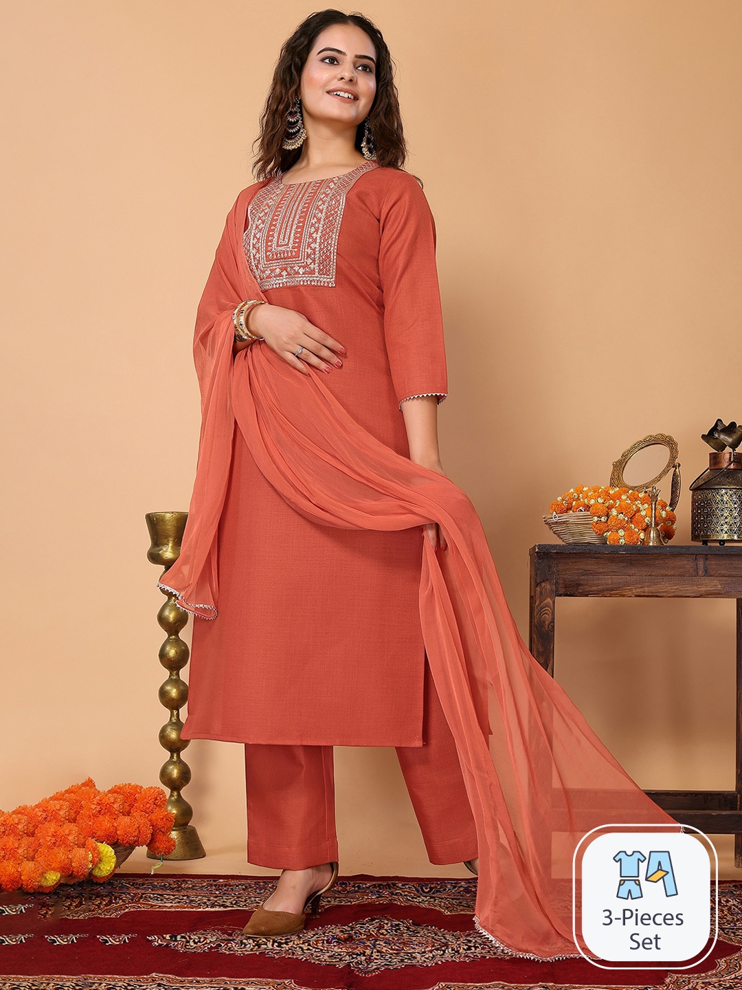 

HERE&NOW Ethnic Motifs Embroidered Sequinned Kurta With Trousers & Dupatta, Rust