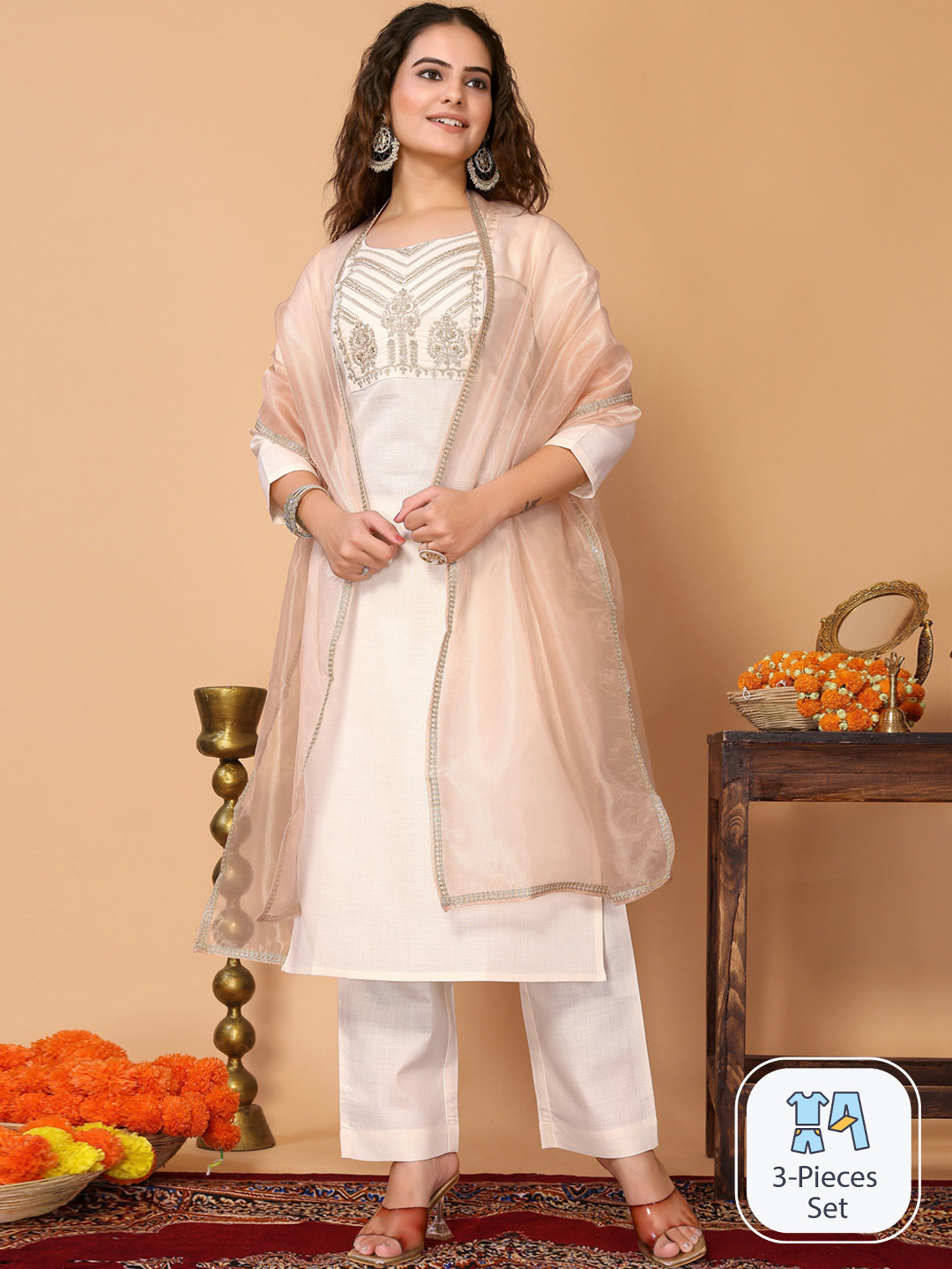 

HERE&NOW Ethnic Motifs Embroidered Kurta With Trousers & Dupatta, White