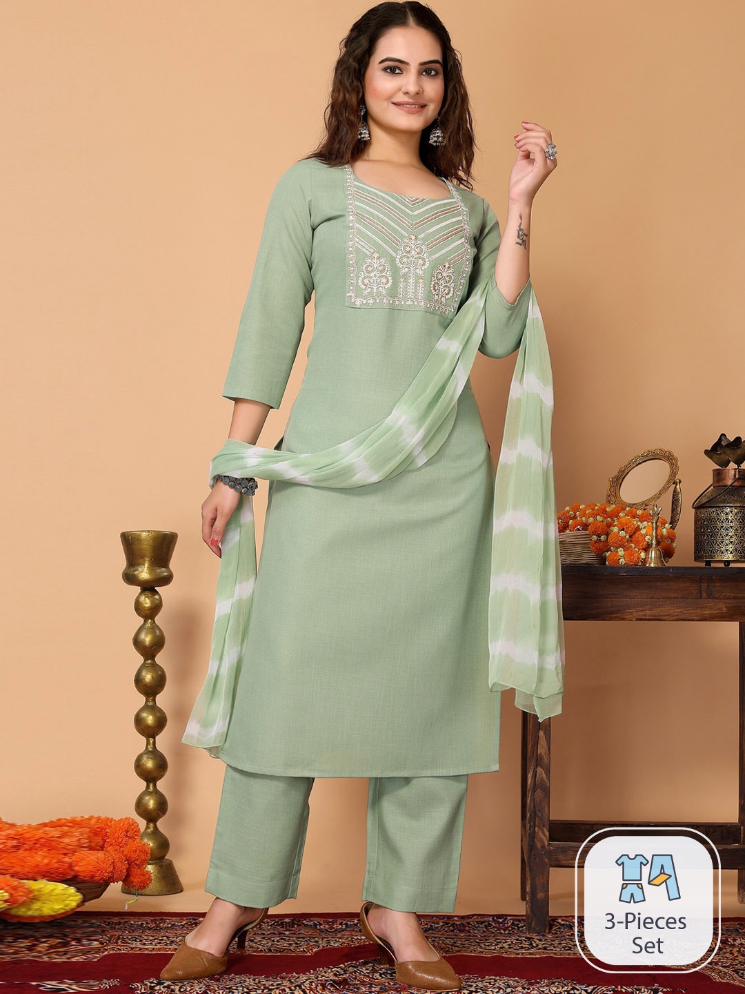 HERE&NOW Ethnic Motifs Embroidered Kurta With Trousers & Dupatta, Green