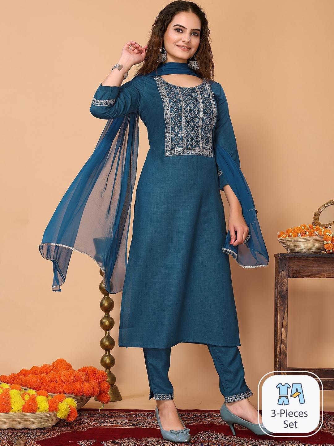 

HERE&NOW Ethnic Motifs Embroidered Kurta With Trousers & Dupatta, Teal