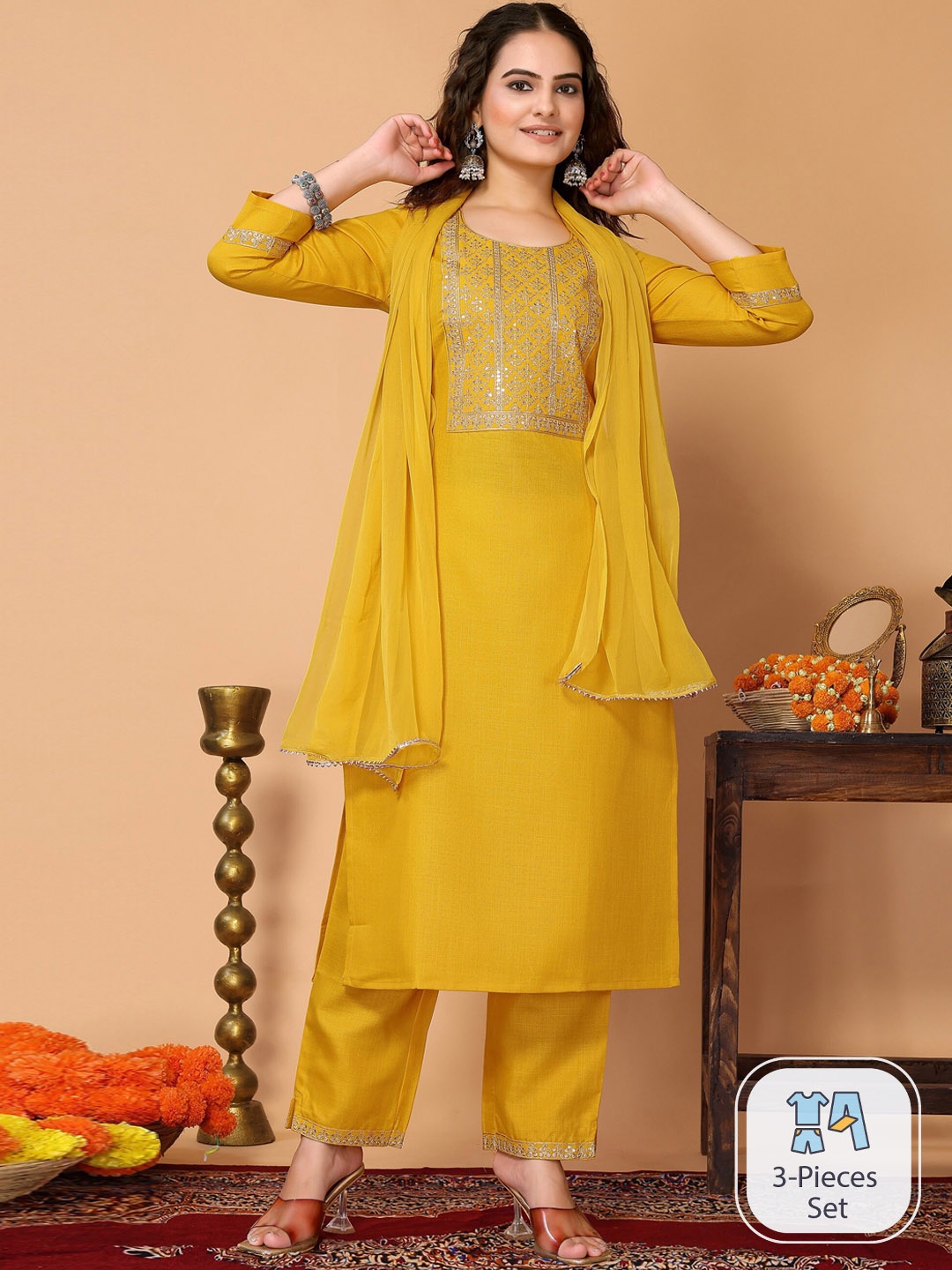 

HERE&NOW Yoke Embroidered Gotta Patti Regular Kurta with Trousers & Dupatta, Yellow