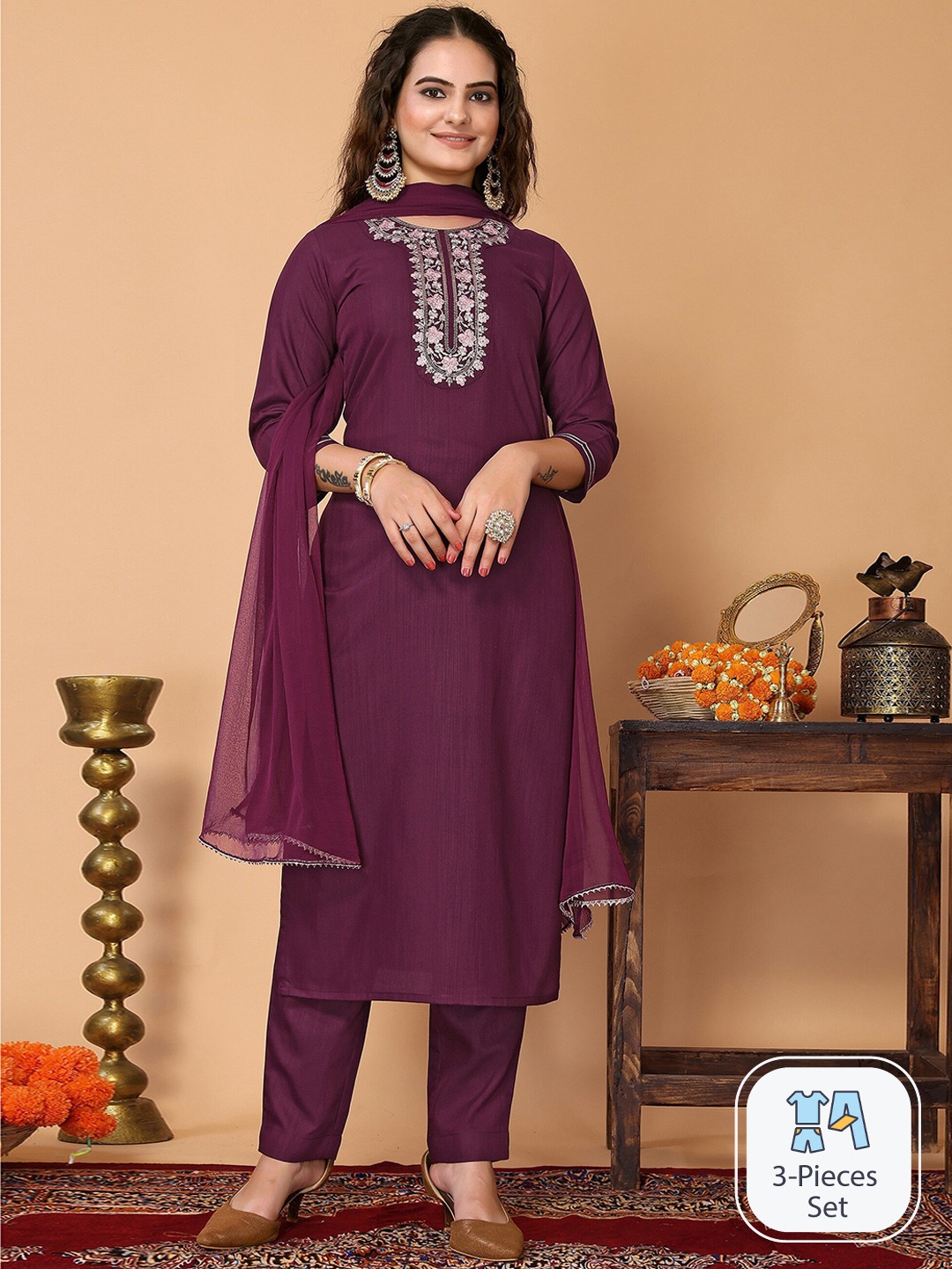 

HERE&NOW Floral Embroidered Kurta with Trousers & With Dupatta, Purple