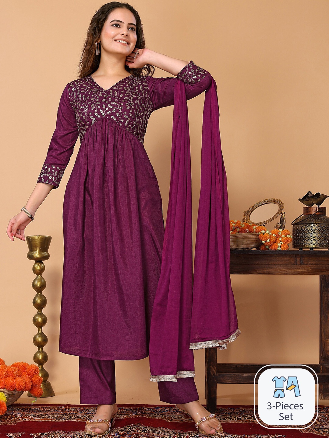

HERE&NOW Floral Embroidered Sequinned Kurta With Trousers & Dupatta, Purple