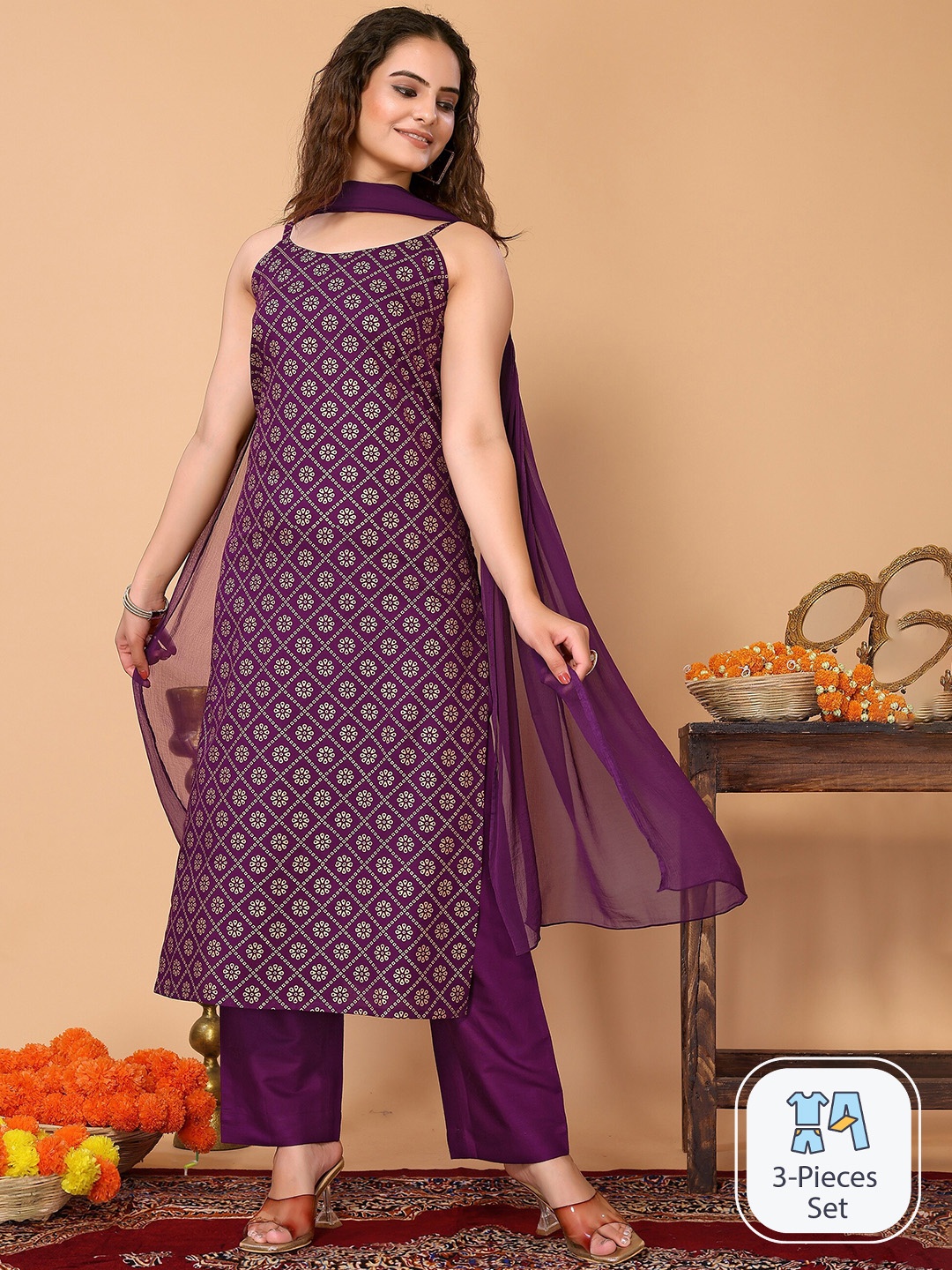 

HERE&NOW Ethnic Motifs Printed Kurta With Trousers & Dupatta, Purple