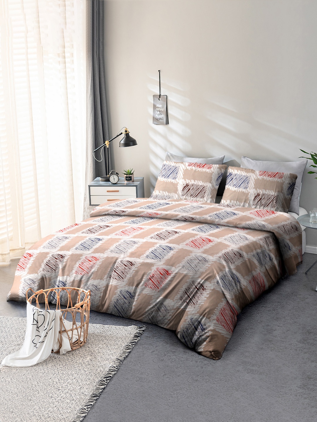 

Cortina Beige & Red 144 TC Queen Bedsheet with 2 Pillow Covers