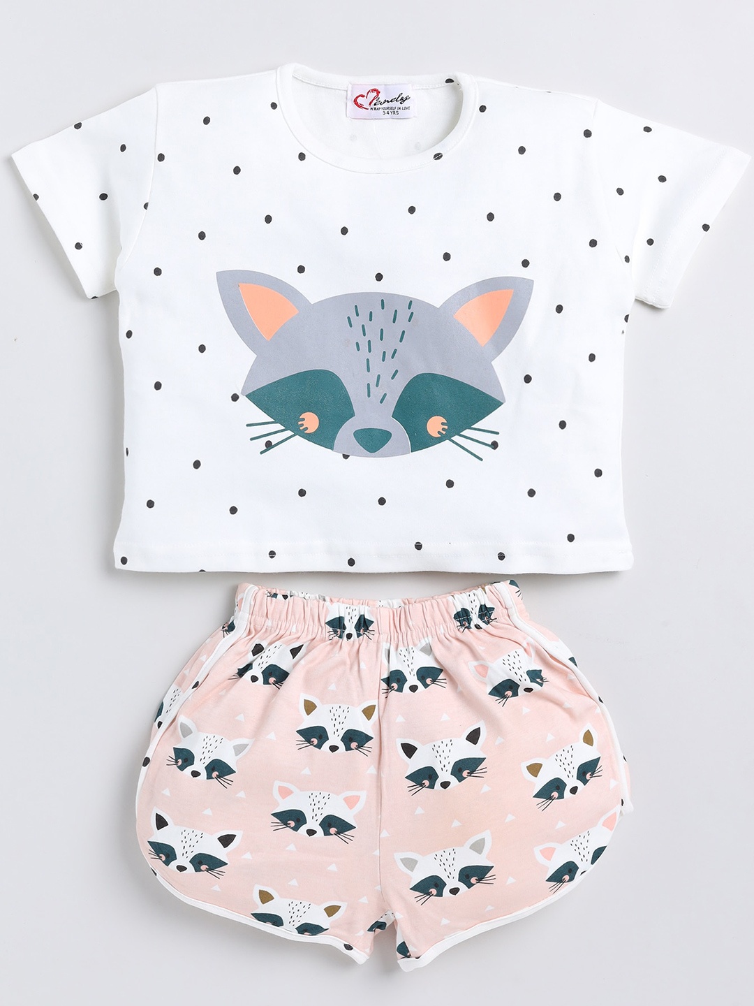 

BAESD Girls Cat Printed Pure Cotton Top With Shorts, White