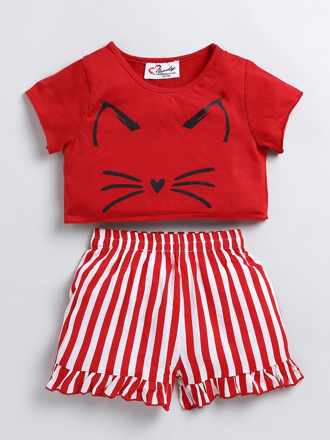 

BAESD Girls Meow Printed Pure Cotton Top With Shorts, Red