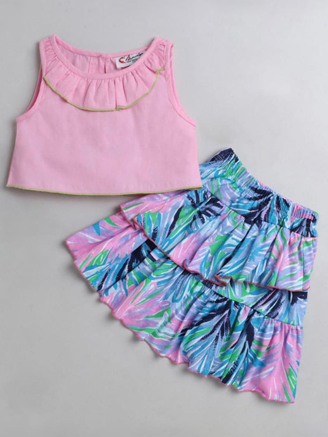 

BAESD Girls Printed Pure Cotton Top With Skirt, Pink
