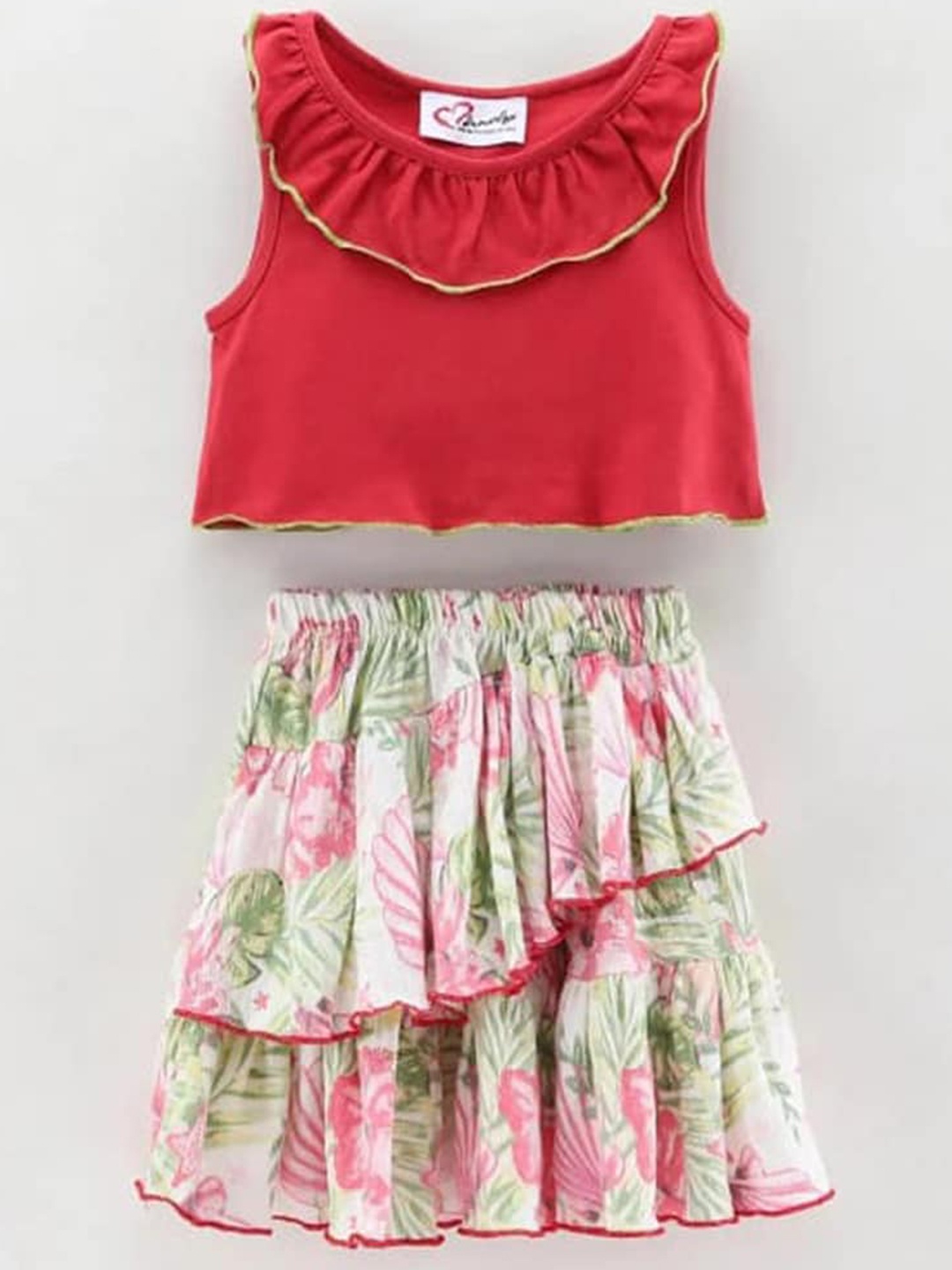 

BAESD Girls Ruffled Pure Cotton Top with Floral Printed Skirt, Red