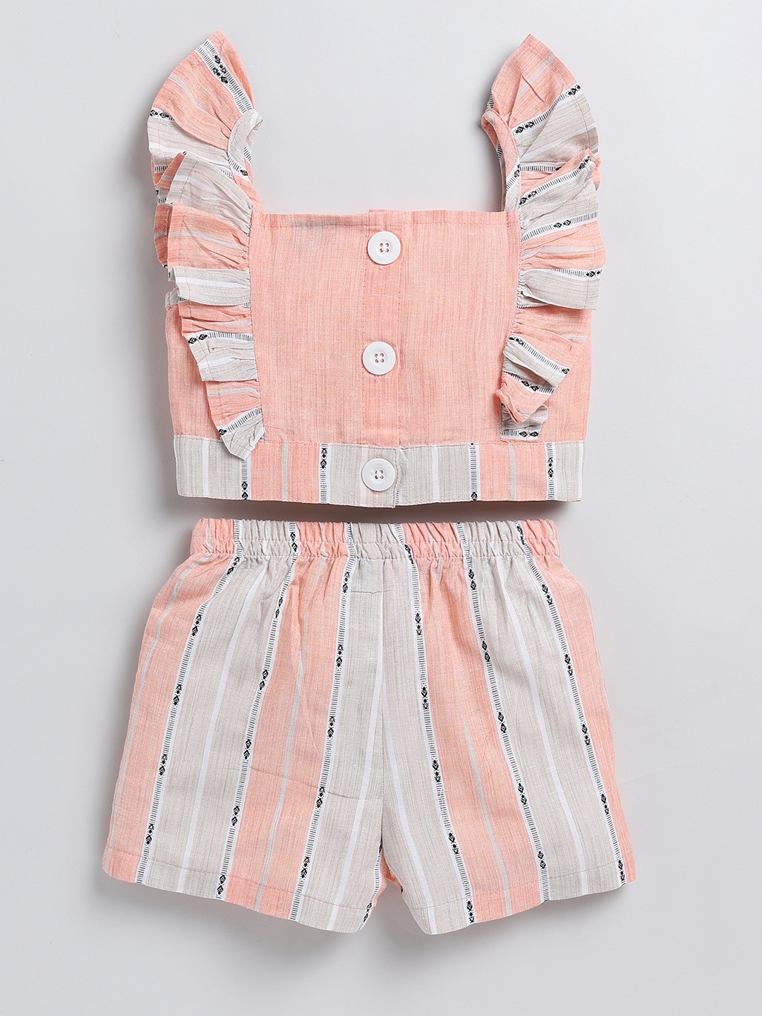

BAESD Girls Striped Square Neck Sleeveless Ruffles Detail Pure Cotton Top With Shorts, Orange