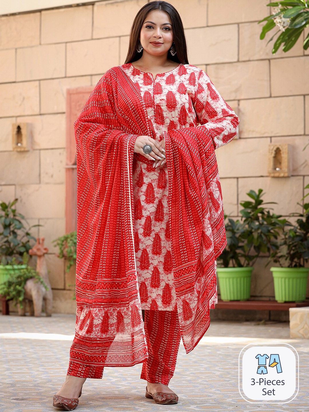 

Yufta Plus Size Ethnic Motifs Printed Regular Pure Cotton Kurta with Trousers & Dupatta, Red