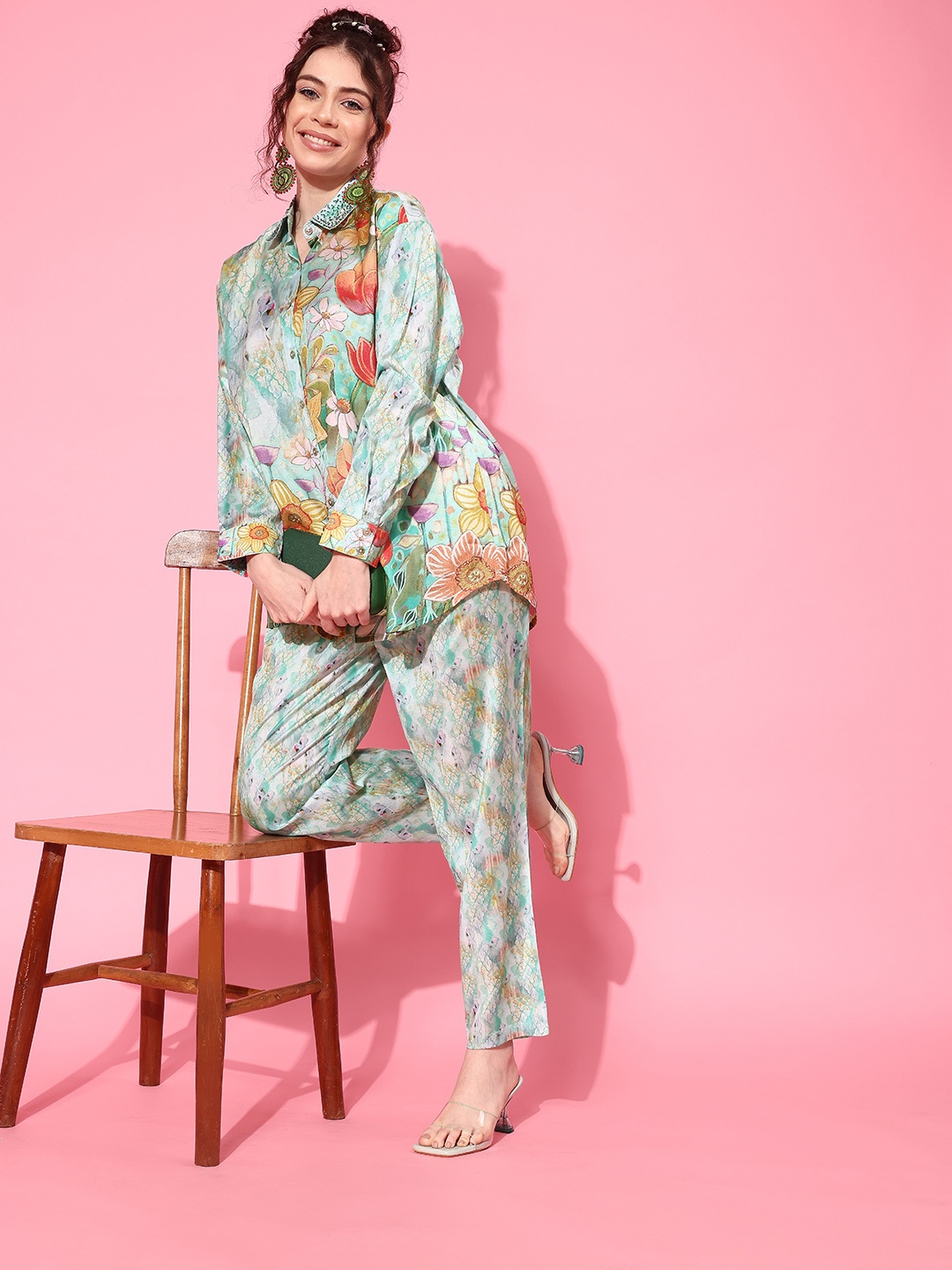 

Indo Era Women Printed Shirt with Trousers Co-Ords, Sea green