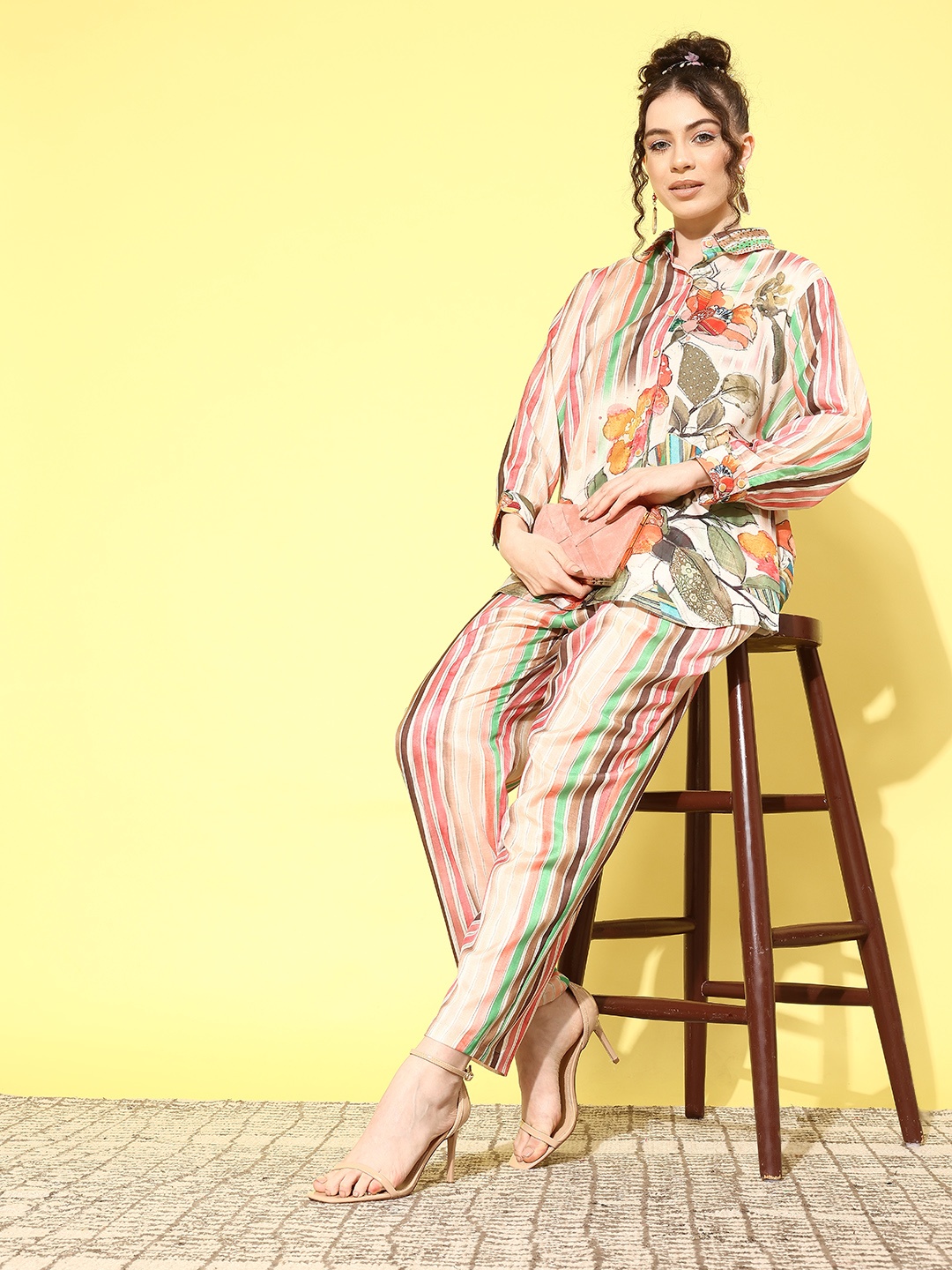 

Indo Era Women Floral Printed Shirt with Trousers, Multi