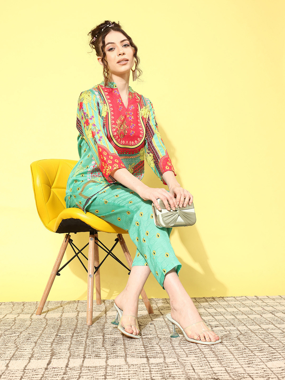 

Indo Era Women Printed Tunic with Trousers Co-Ords, Sea green