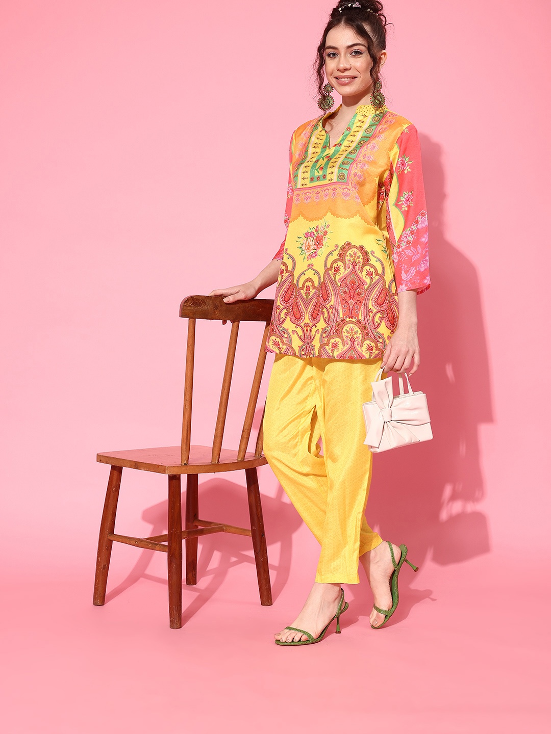 

Indo Era Women Printed Tunic with Trousers Co-Ords, Yellow