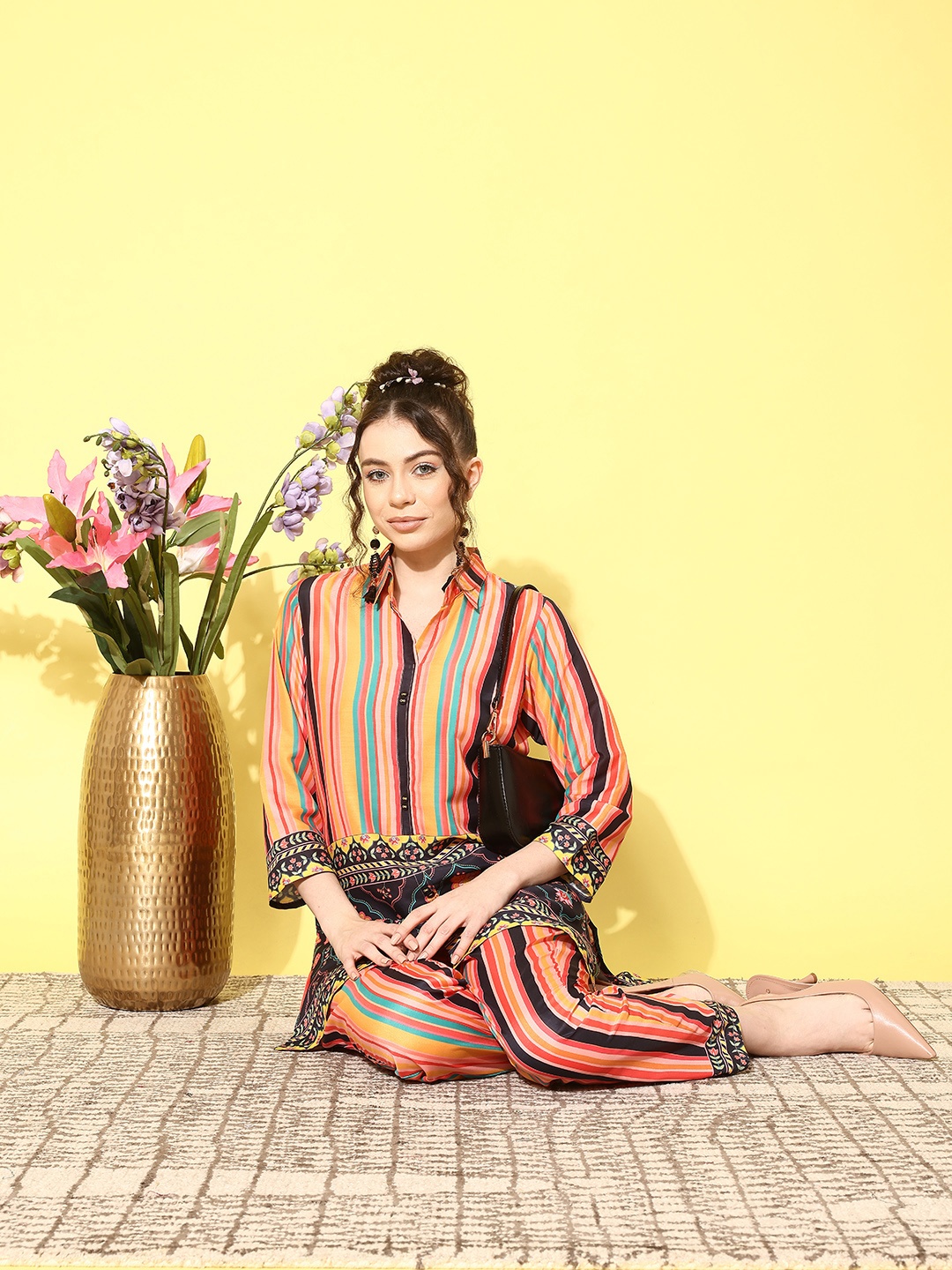 

Indo Era Women Printed Shirt with Trousers Co-Ords, Peach