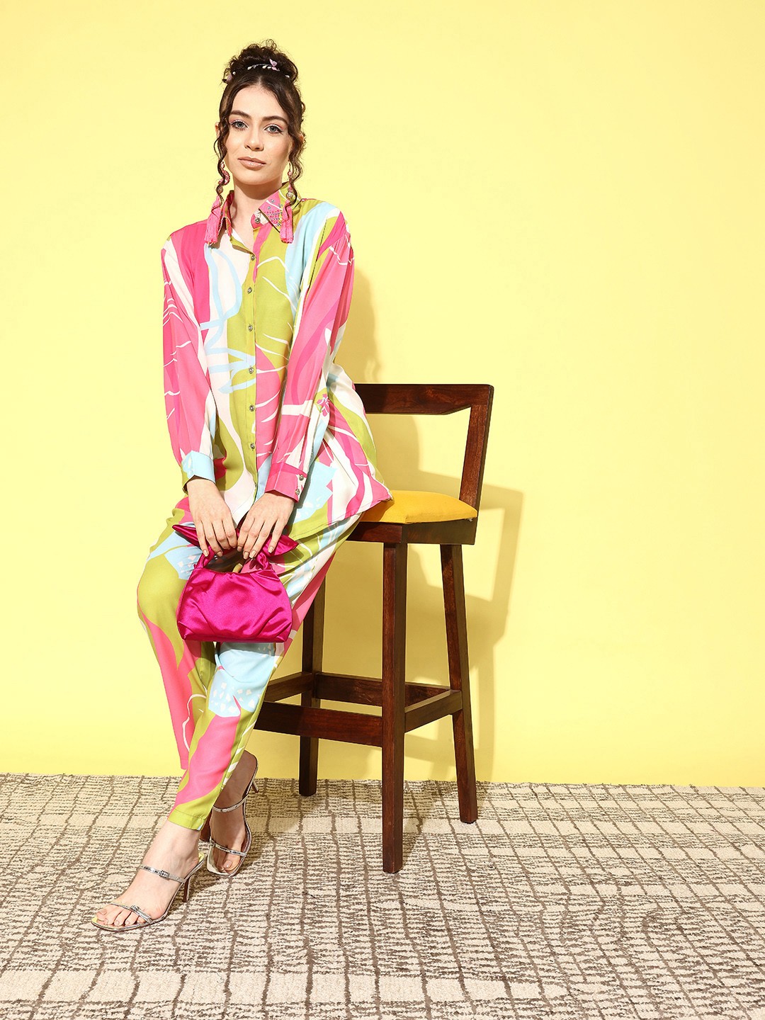 

Indo Era Women Printed Shirt with Trousers Co-Ords, Pink