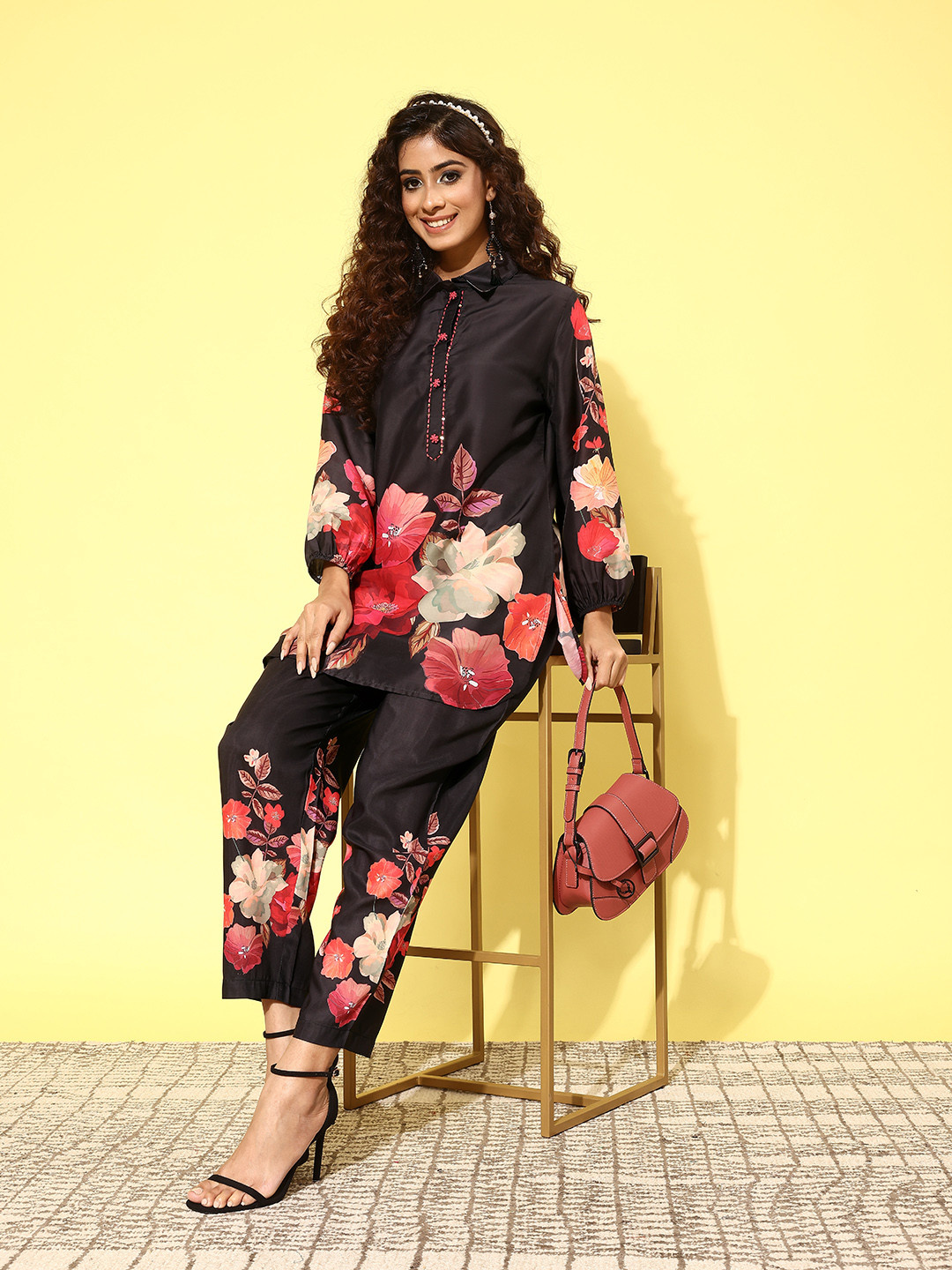 

Indo Era Women Printed Kurti with Trousers Co-Ords, Black