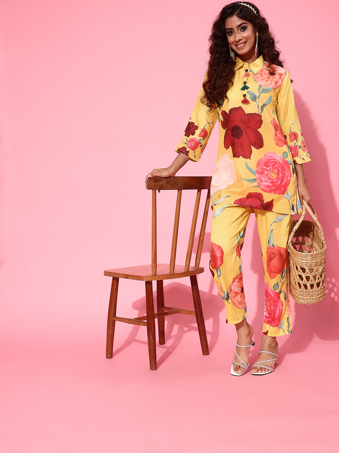 

Indo Era Women Printed Tunic with Trousers Co-Ords, Yellow