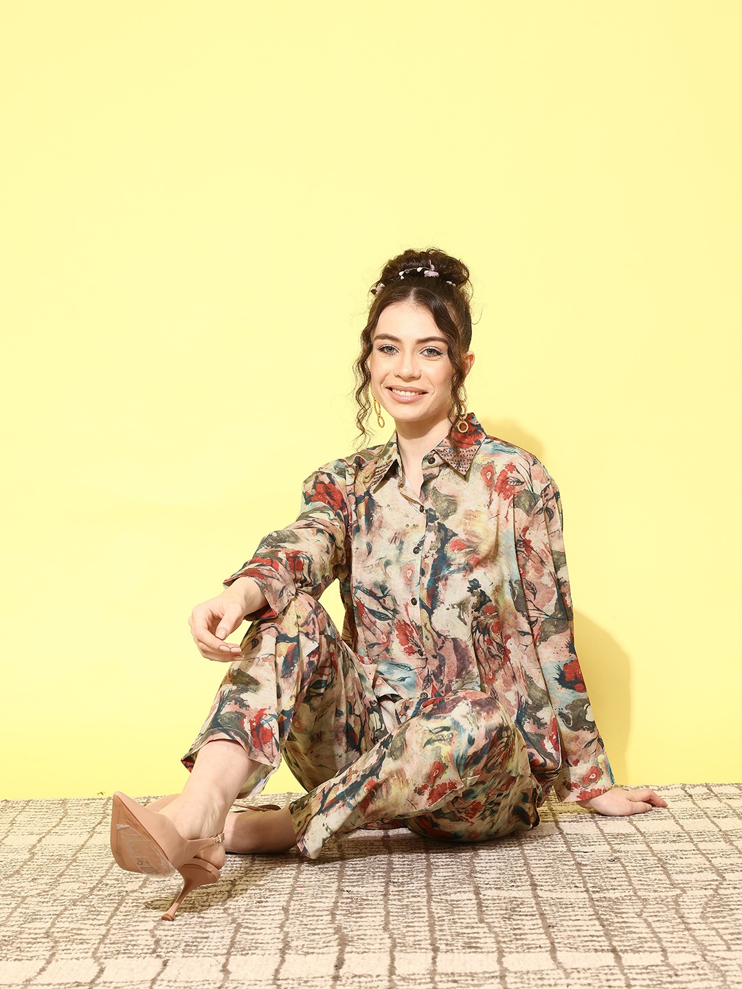 

Indo Era Women Printed Shirt with Trousers Co-Ords, Multi