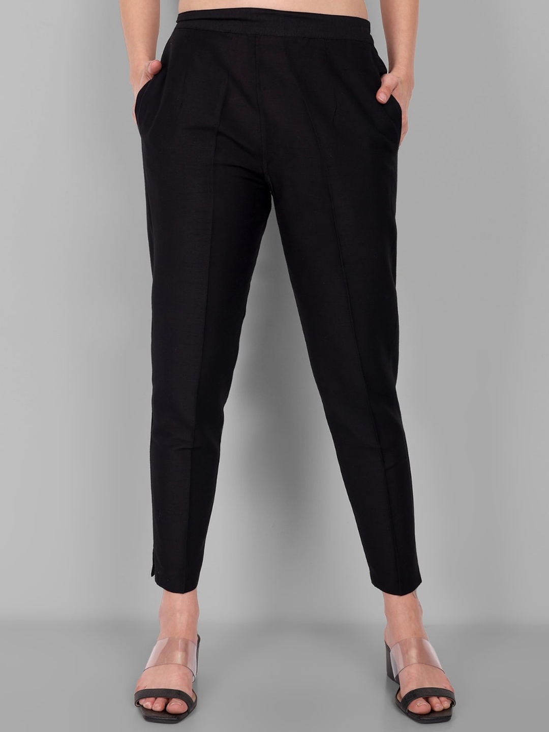 Mera Rang Women High-Rise Cotton Silk Ethnic Trousers, Black