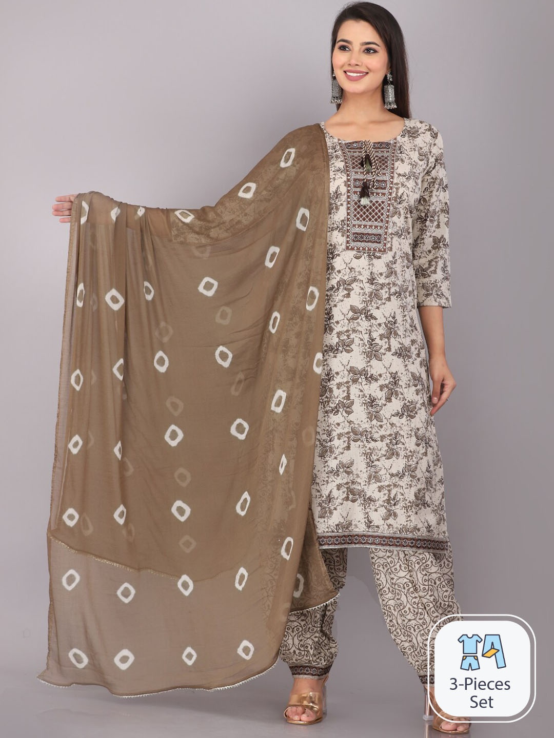 JC4U Floral Printed Straight Kurta with Trousers & With Dupatta, Beige