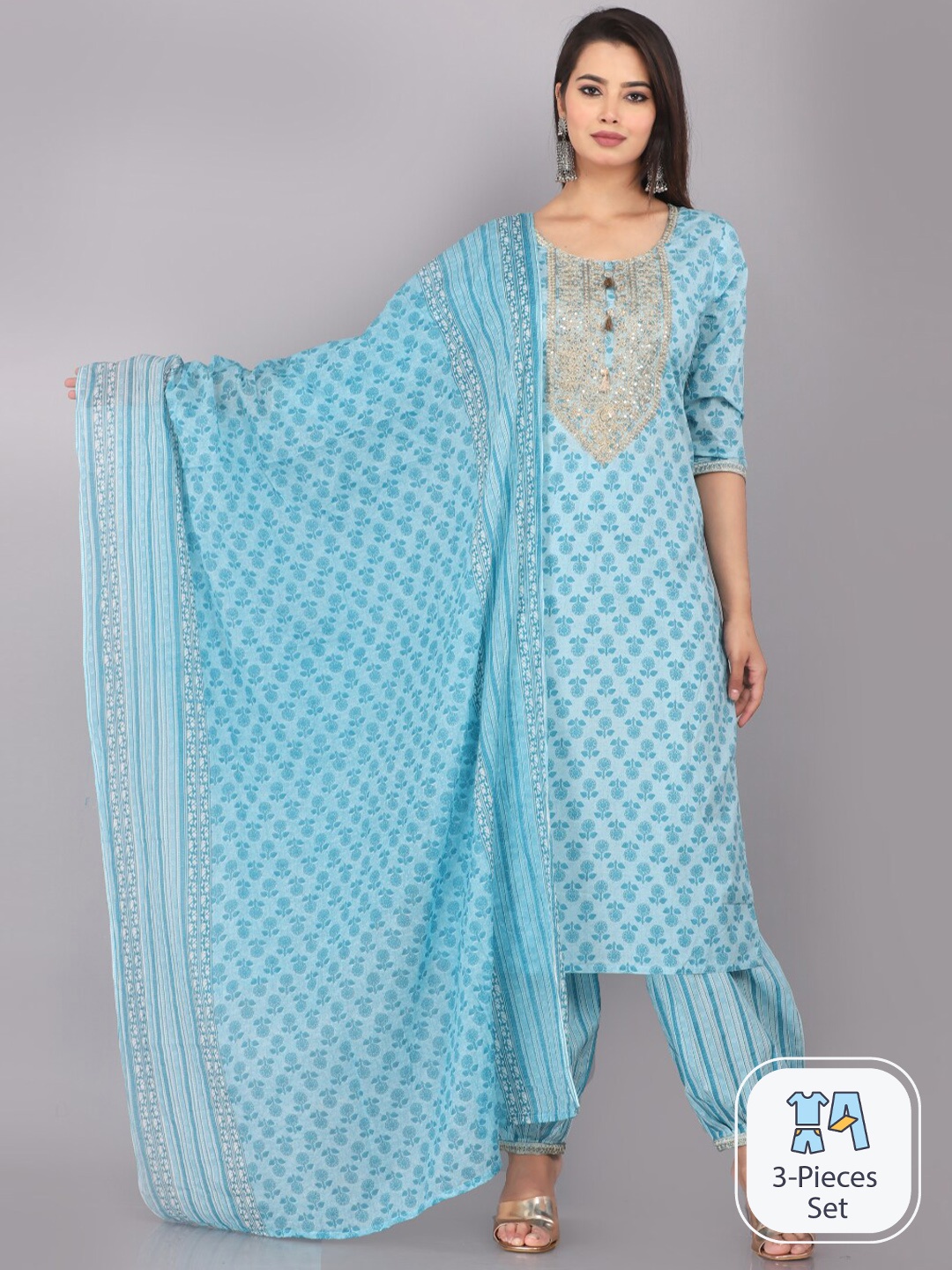 

JC4U Floral Printed Regular Sequinned Kurta With Salwar & Dupatta, Blue