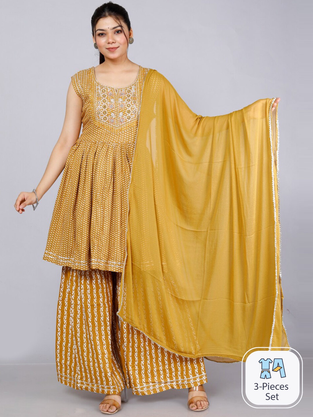 

JC4U Floral Printed Regular Thread Work Kurta & Sharara With Dupatta, Yellow