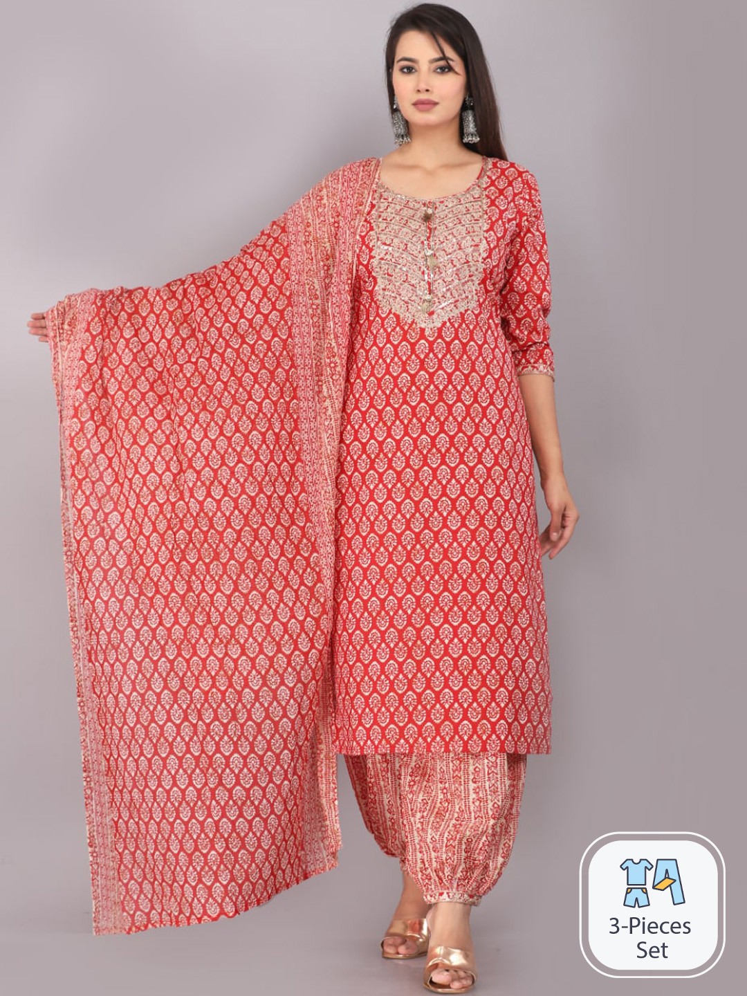 JC4U Floral Printed Regular Thread Work Kurta & Salwar With Dupatta, Red