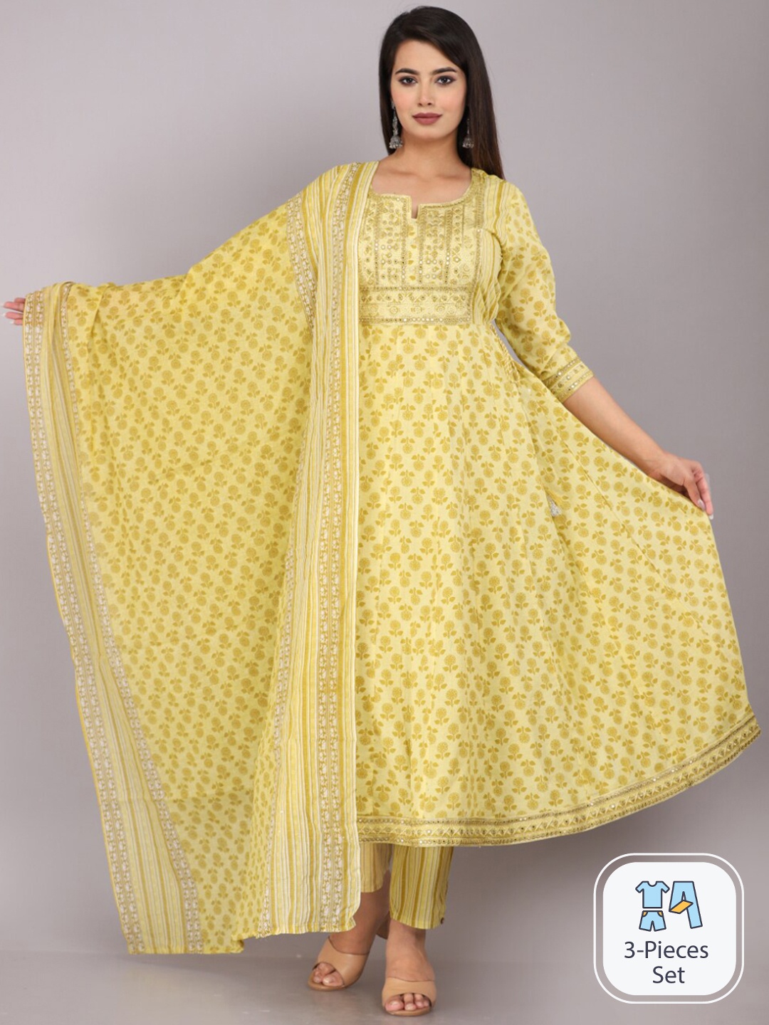 

JC4U Floral Printed Thread Work Pure Cotton Kurta & Trousers With Dupatta, Mustard