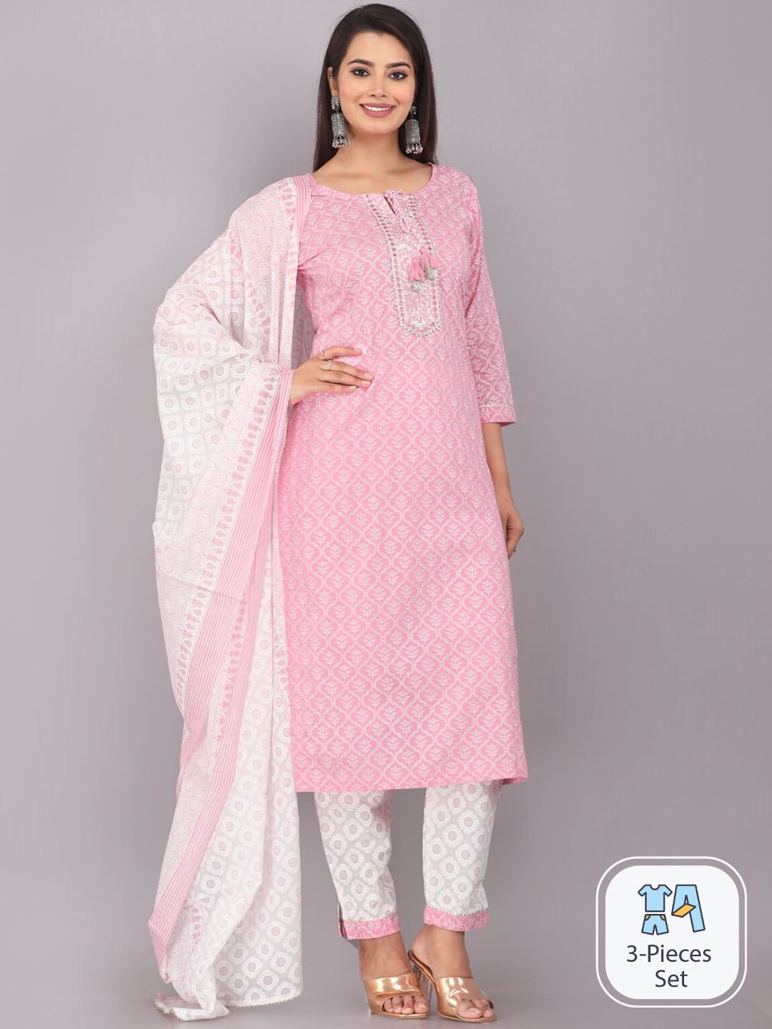 

JC4U Floral Printed Kurta & Trousers With Dupatta, Peach